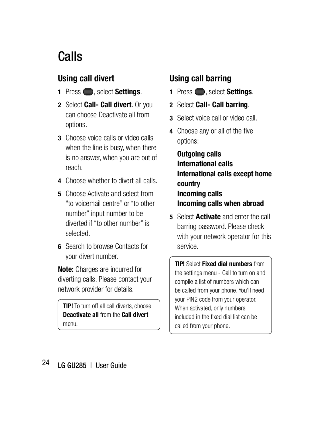 LG Electronics GU285 manual Using call divert, Using call barring, Press , select Settings 