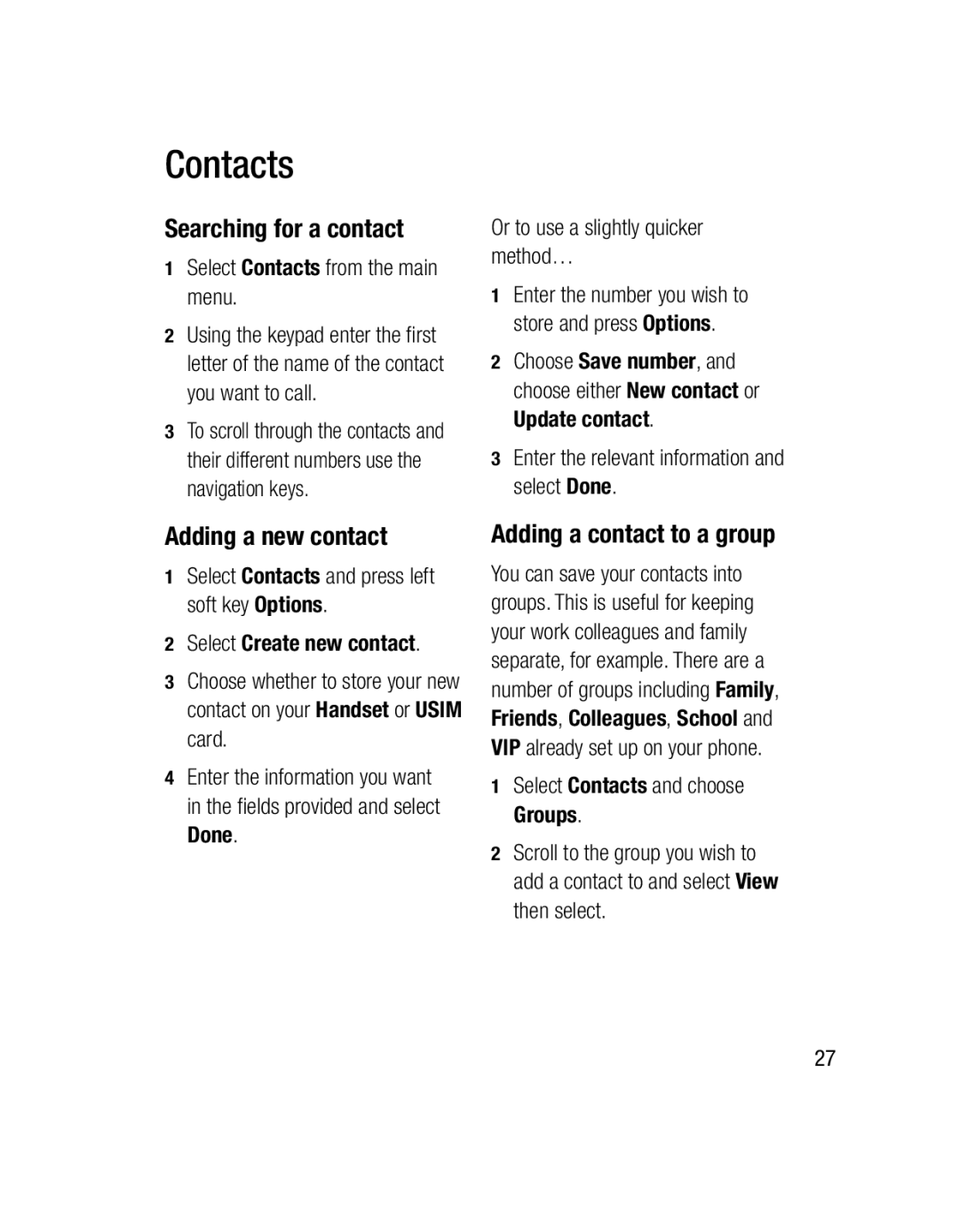 LG Electronics GU285 manual Contacts, Searching for a contact, Adding a new contact, Adding a contact to a group 