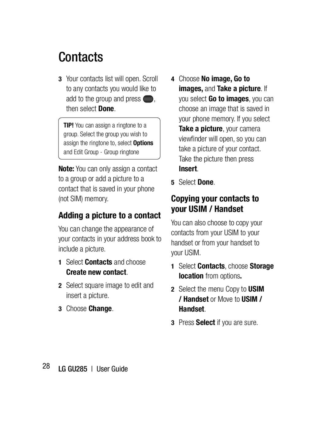 LG Electronics GU285 manual Copying your contacts to your Usim / Handset, Adding a picture to a contact, Select Done 