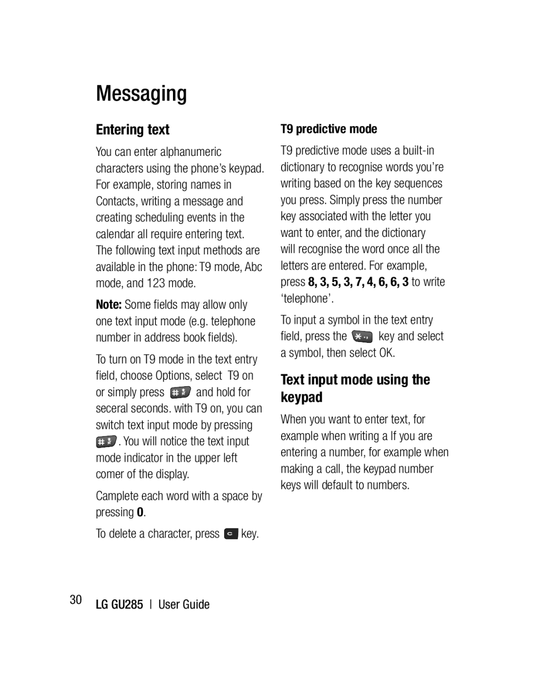 LG Electronics GU285 manual Entering text, Text input mode using the keypad, T9 predictive mode 