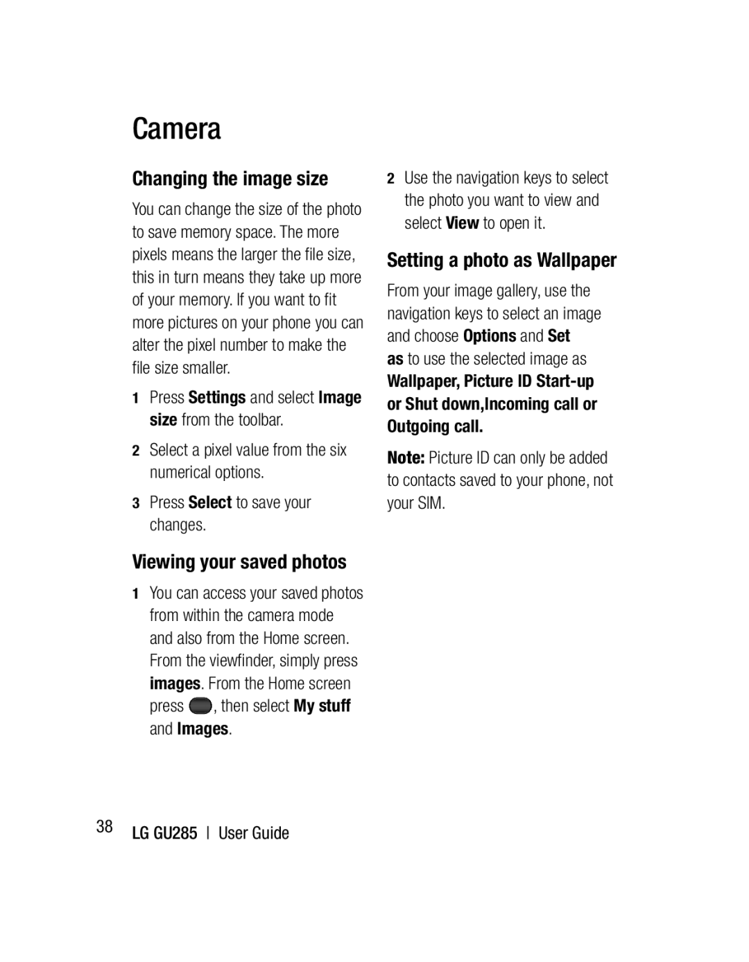 LG Electronics GU285 Changing the image size, Viewing your saved photos, Setting a photo as Wallpaper, Le size smaller 