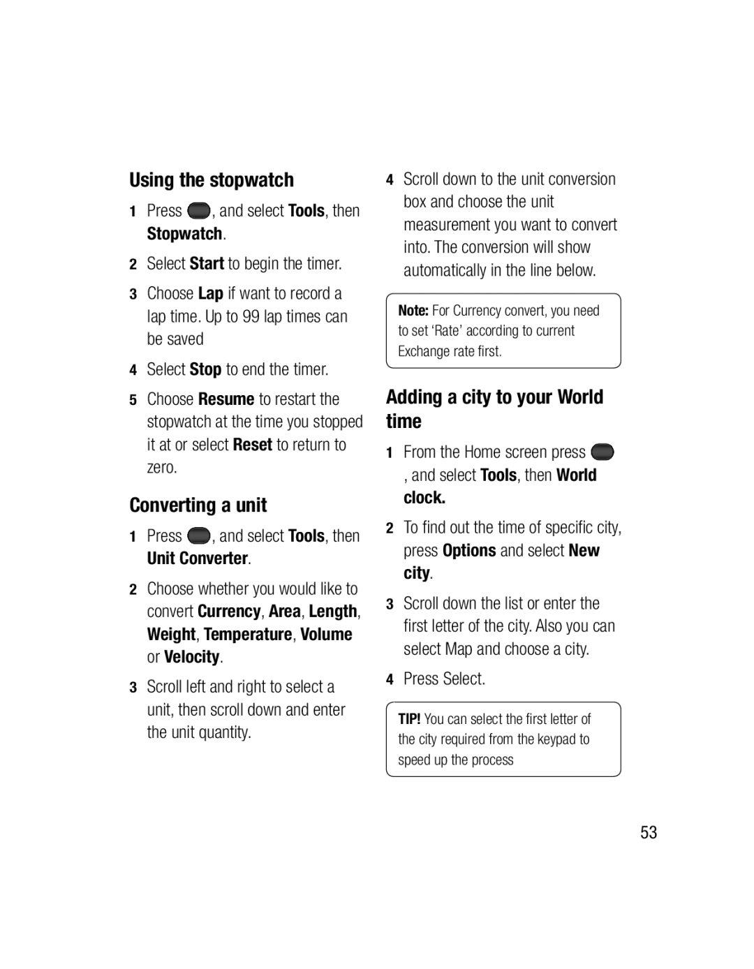 LG Electronics GU285 manual Using the stopwatch, Converting a unit, Adding a city to your World time 