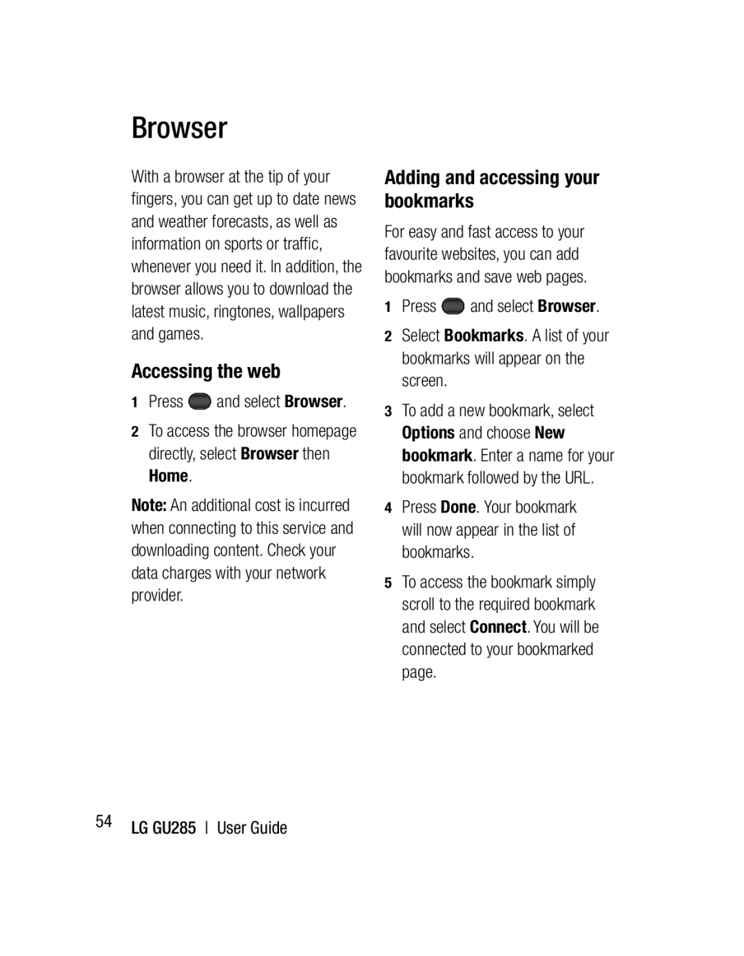 LG Electronics GU285 manual Browser, Accessing the web, Adding and accessing your bookmarks 