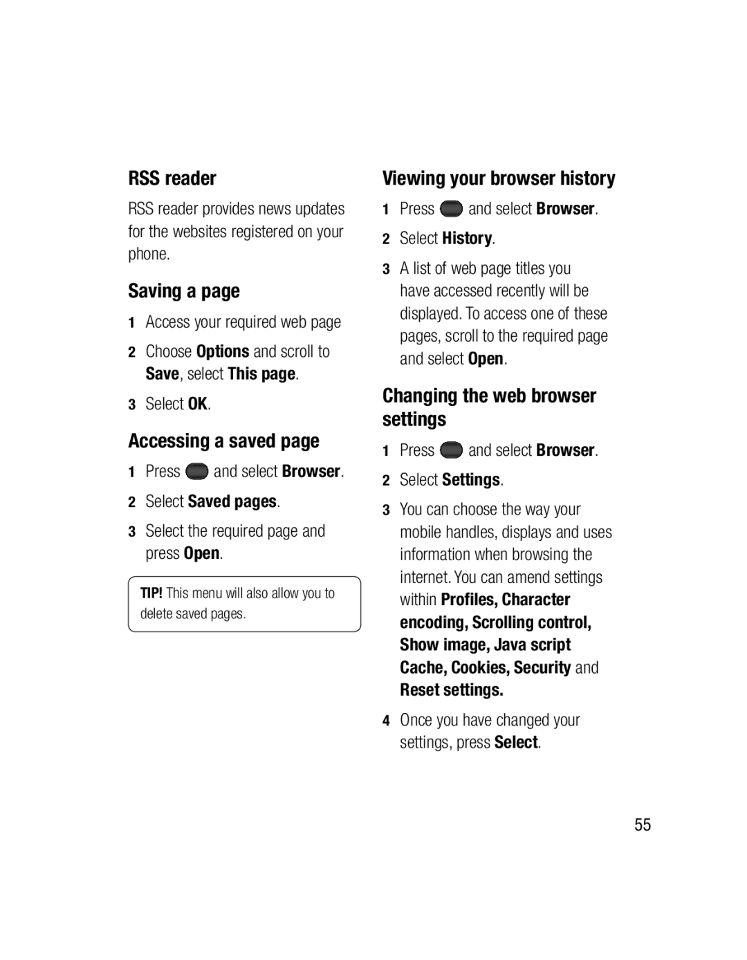 LG Electronics GU285 manual RSS reader, Saving a, Accessing a saved, Viewing your browser history 