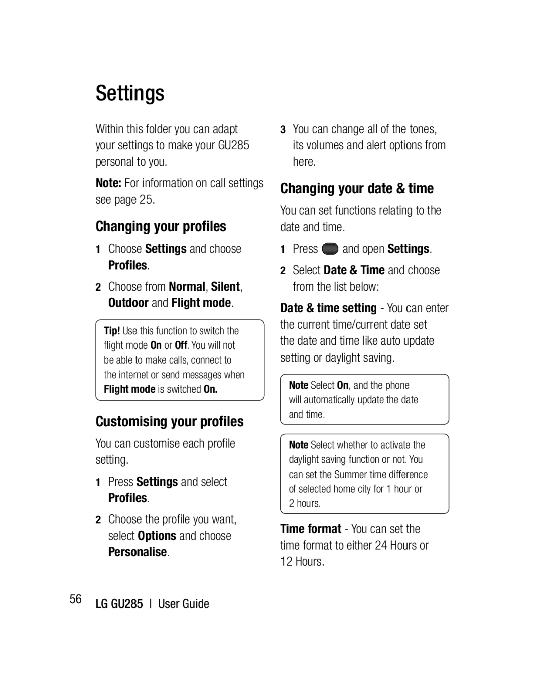 LG Electronics GU285 manual Settings, Changing your proﬁles, Customising your proﬁles, Changing your date & time 