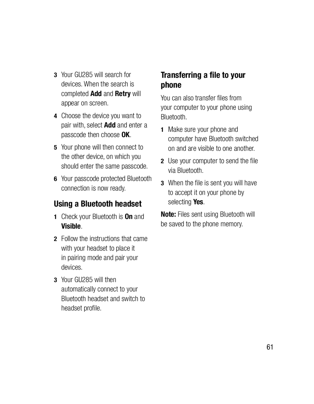 LG Electronics GU285 Using a Bluetooth headset, Transferring a ﬁle to your phone, Check your Bluetooth is On and Visible 