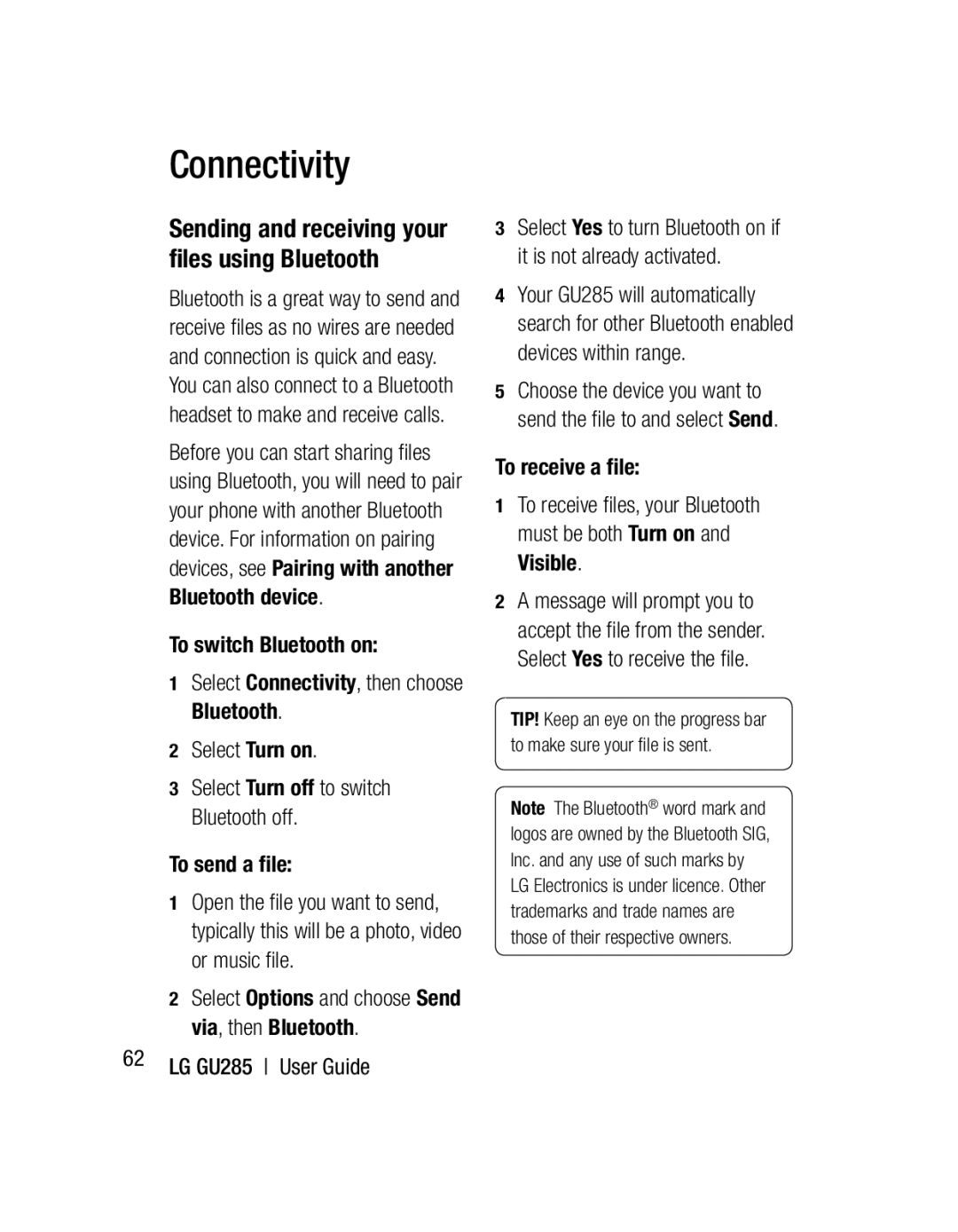 LG Electronics GU285 manual Sending and receiving your ﬁles using Bluetooth, To send a file 