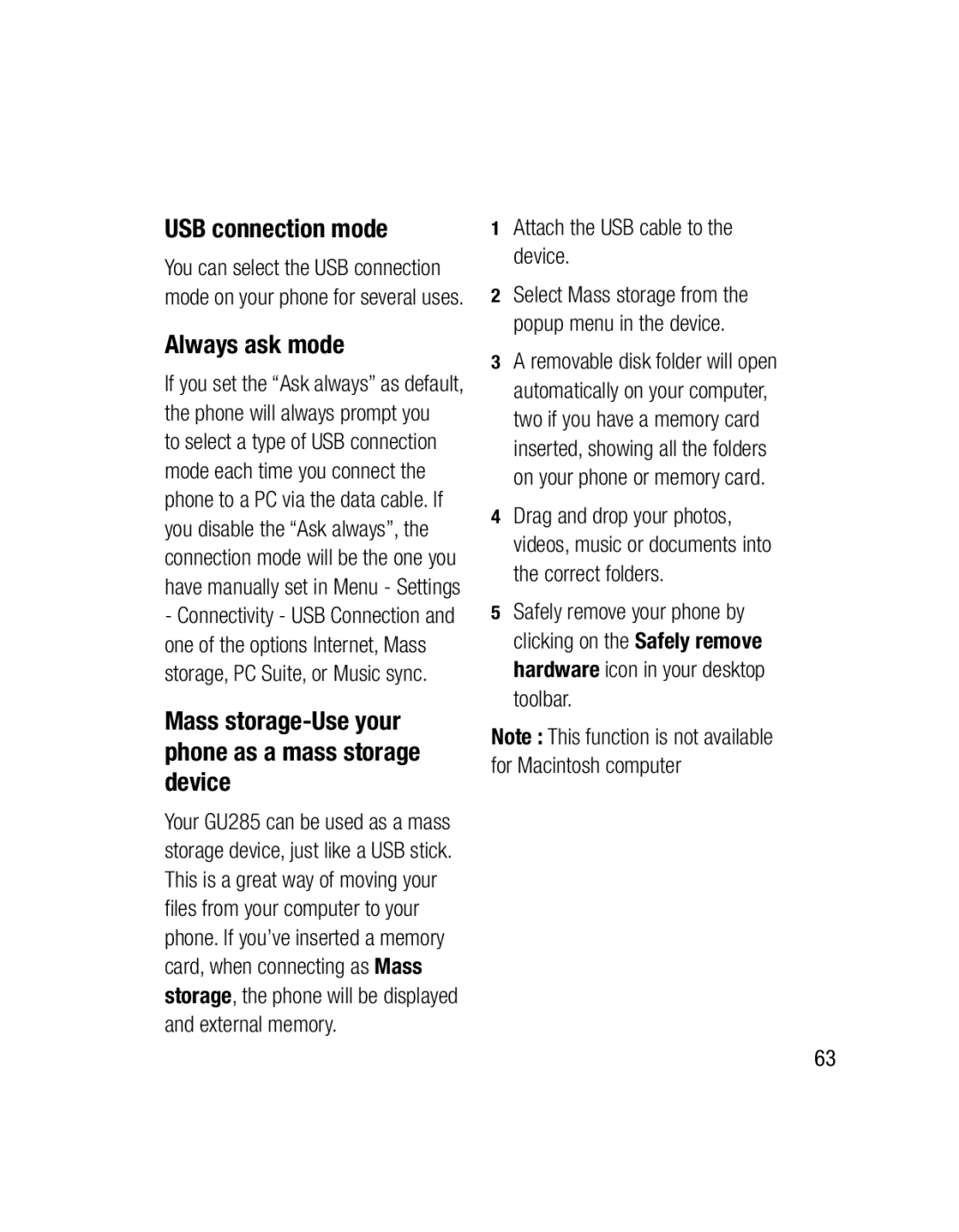 LG Electronics GU285 manual USB connection mode, Always ask mode, Mass storage-Use your phone as a mass storage device 