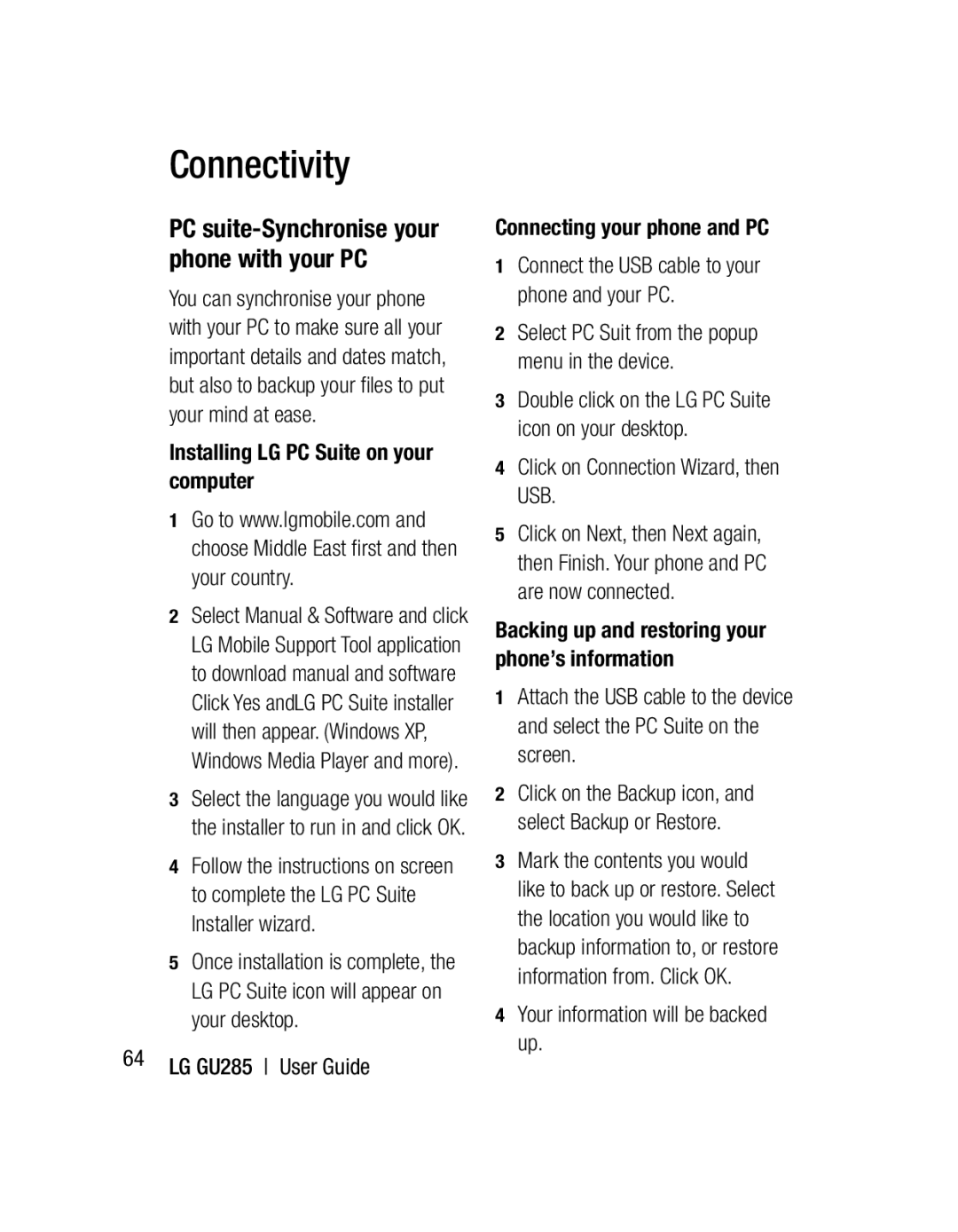 LG Electronics GU285 manual PC suite-Synchronise your phone with your PC, Installing LG PC Suite on your computer 