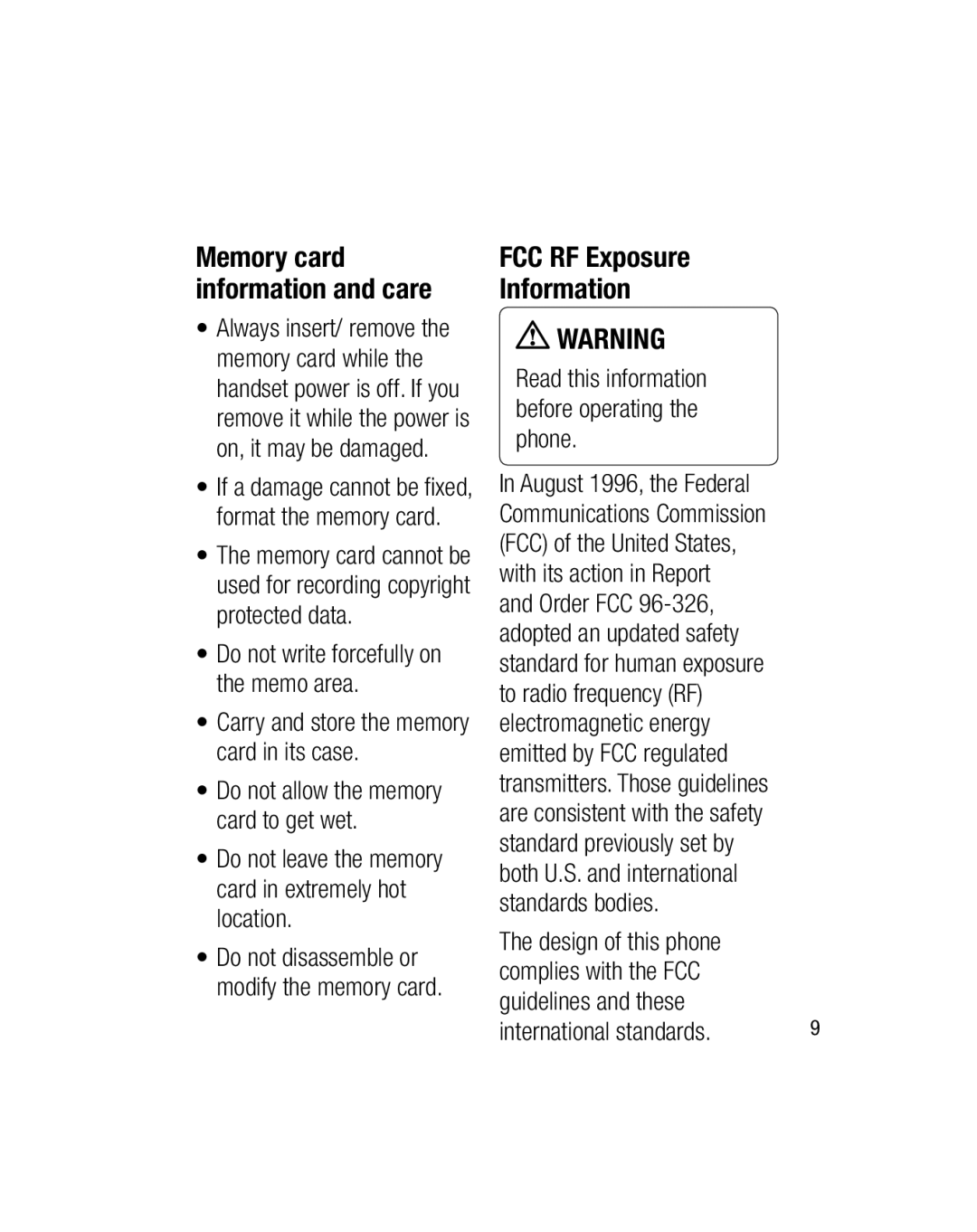 LG Electronics GU290V manual FCC RF Exposure Information, Memory card information and care 