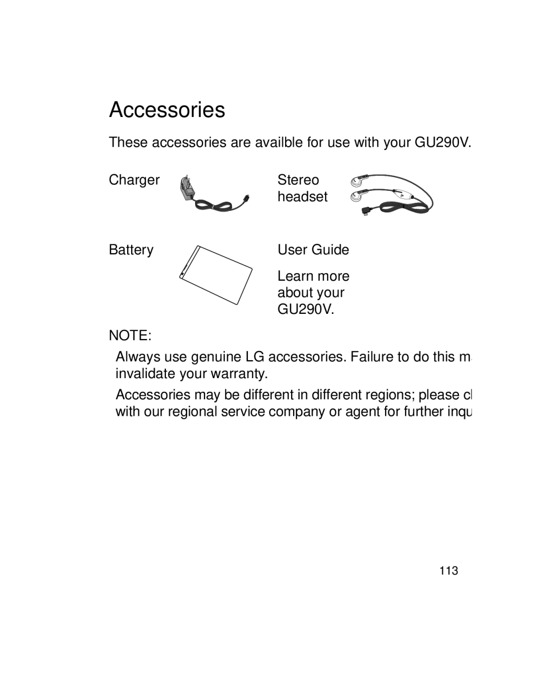 LG Electronics manual Accessories, User Guide, Learn more about your GU290V 