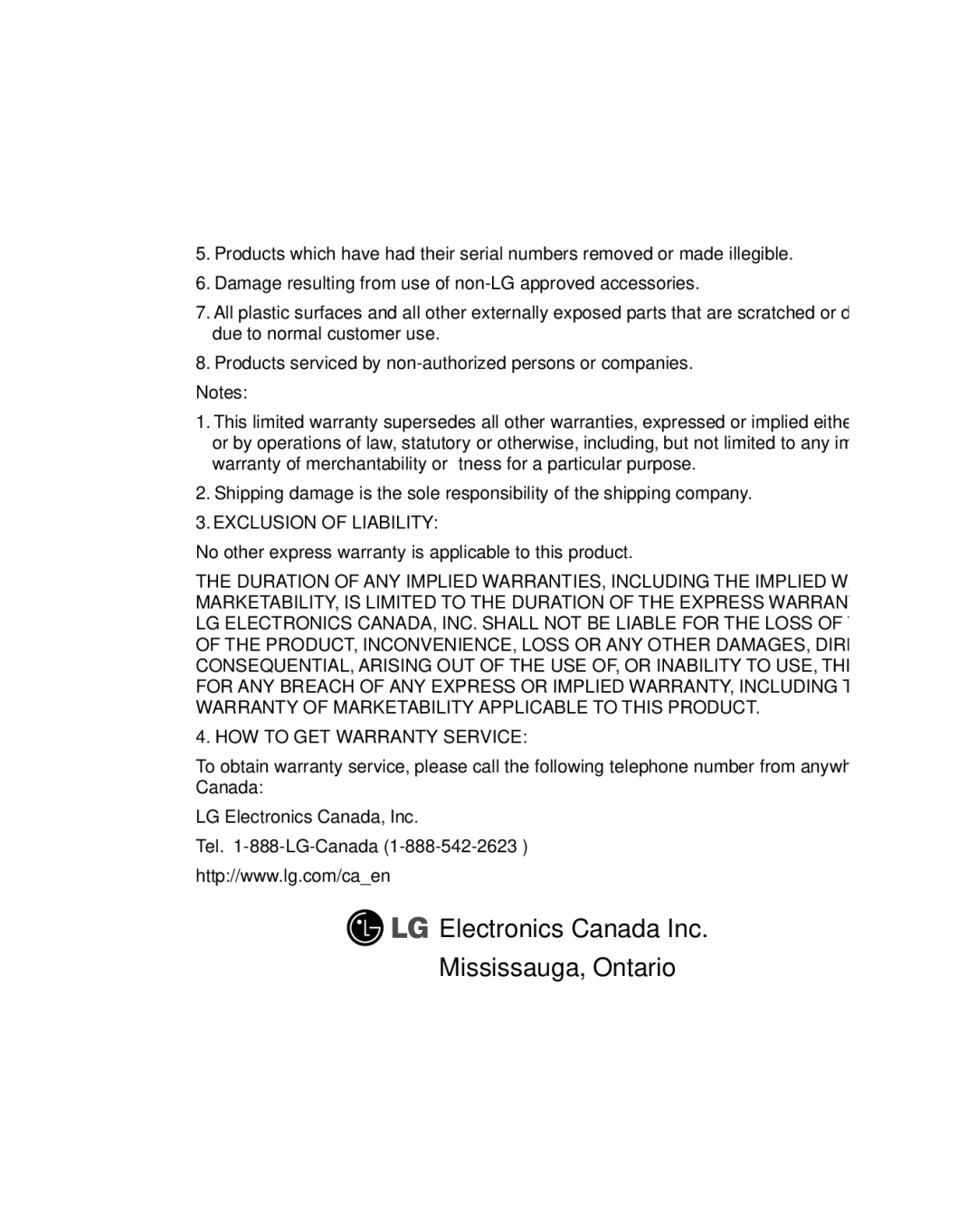 LG Electronics GU290V manual Electronics Canada Inc Mississauga, Ontario, Exclusion of Liability 