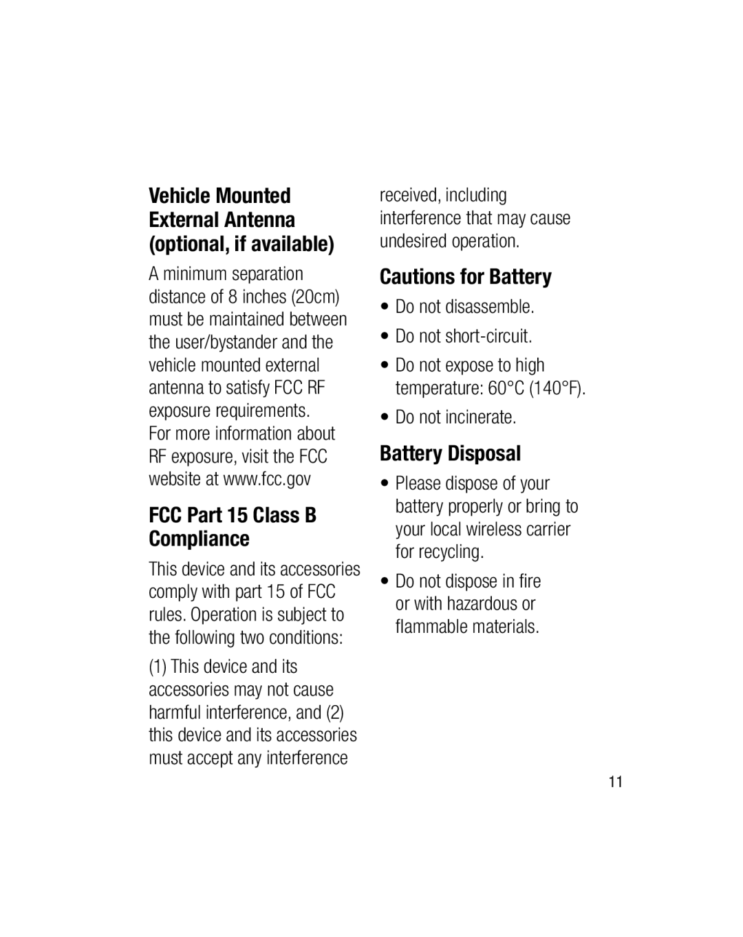 LG Electronics GU290V manual Battery Disposal, Vehicle Mounted External Antenna optional, if available, Do not incinerate 