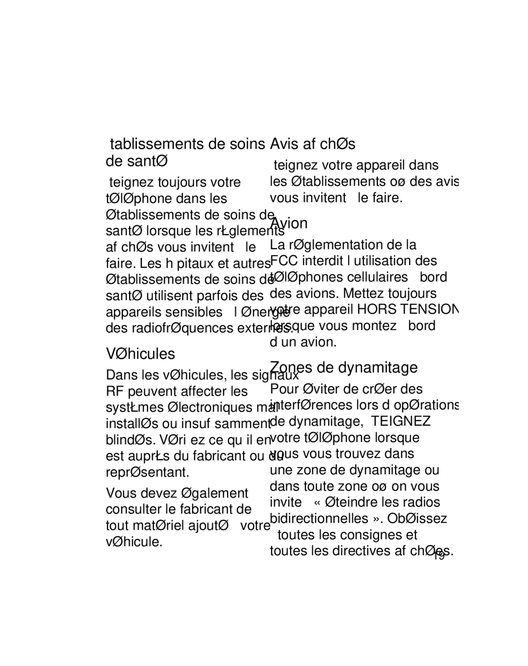 LG Electronics GU290V manual Établissements de soins de santé, Véhicules, Avis afﬁchés, Avion, Zones de dynamitage 