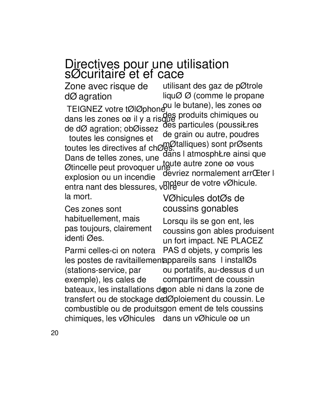 LG Electronics GU290V manual Zone avec risque de déﬂagration, Véhicules dotés de coussins gonﬂables 