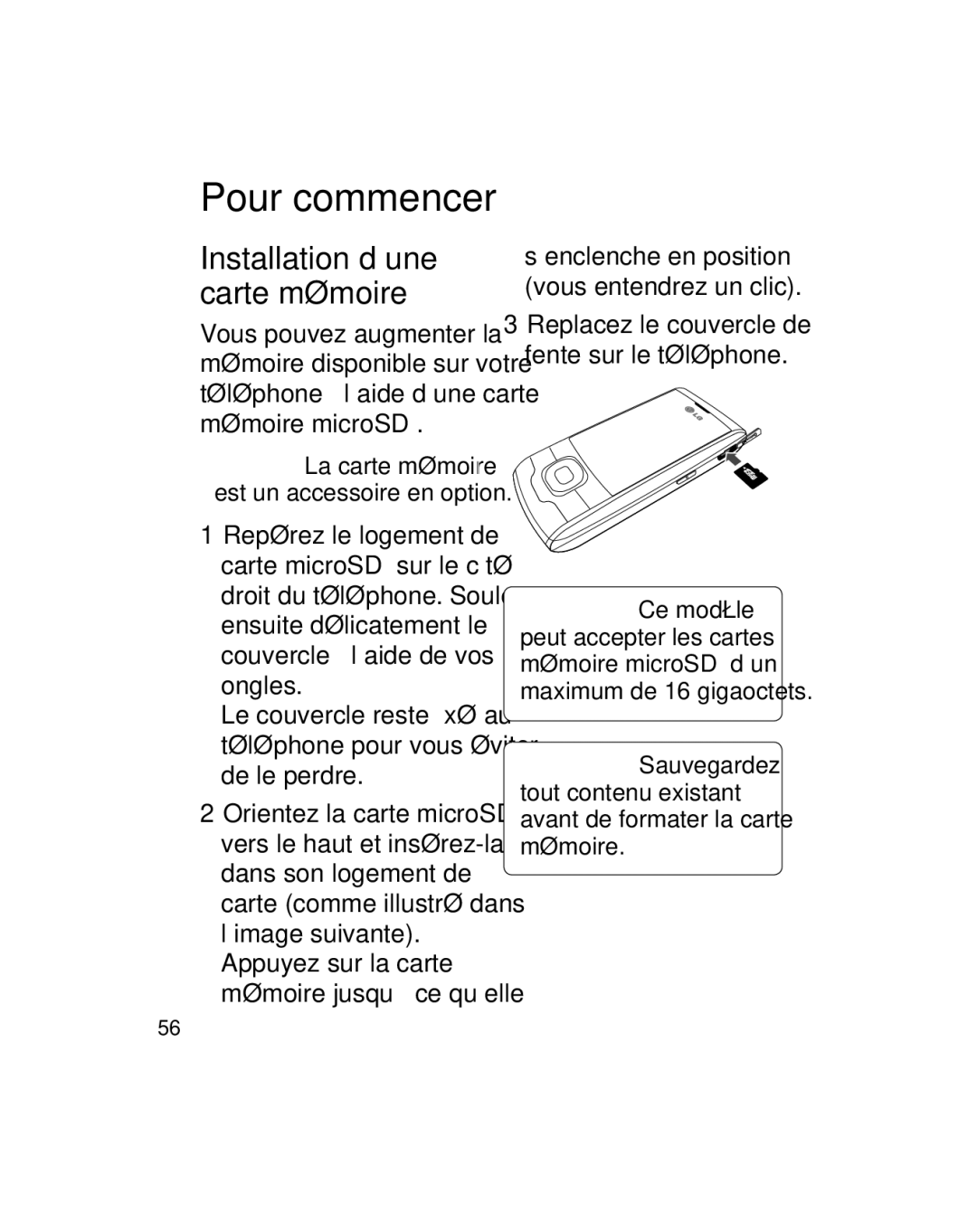 LG Electronics GU290V manual Installation d’une carte mémoire, Appuyez sur la carte mémoire jusqu’à ce qu’elle 