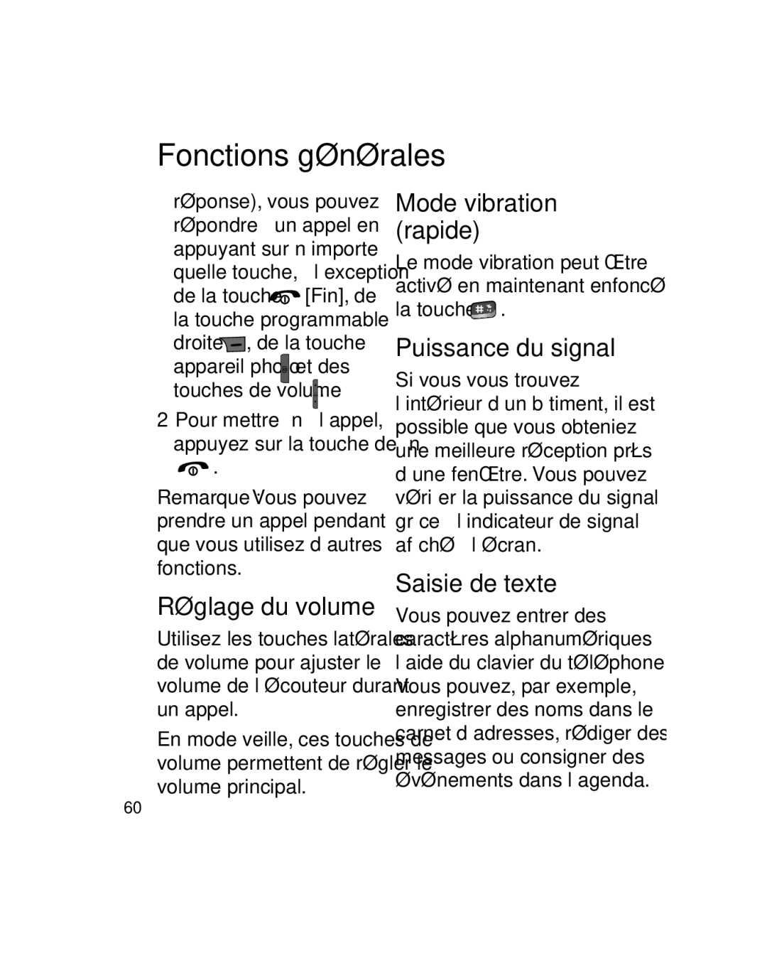 LG Electronics GU290V manual Réglage du volume, Puissance du signal, Saisie de texte, Mode vibration rapide 