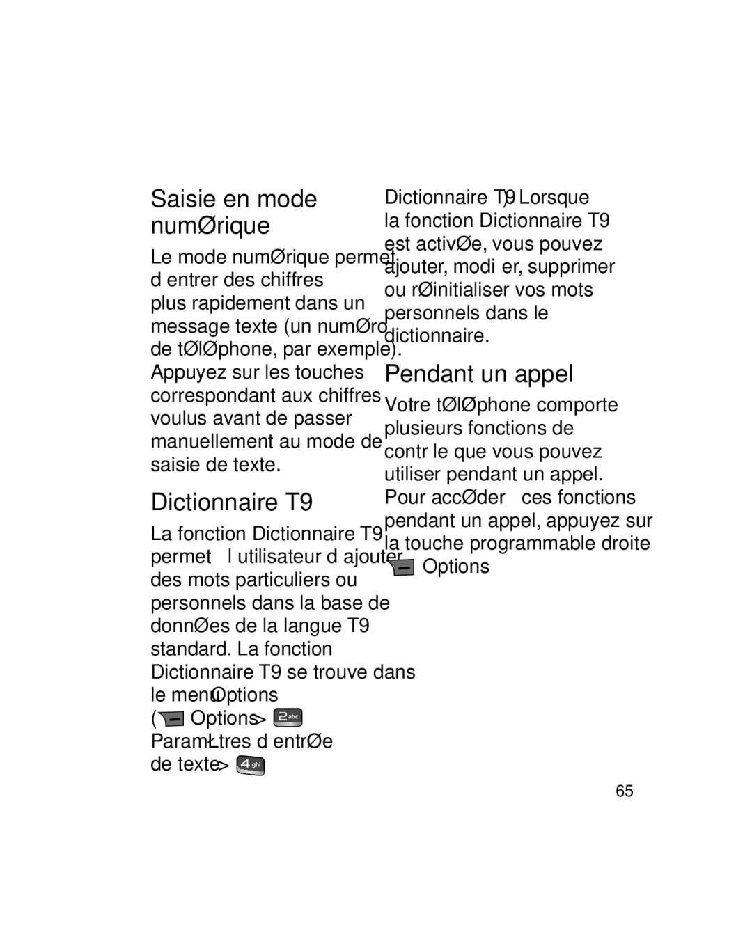 LG Electronics GU290V manual Dictionnaire T9, Pendant un appel 