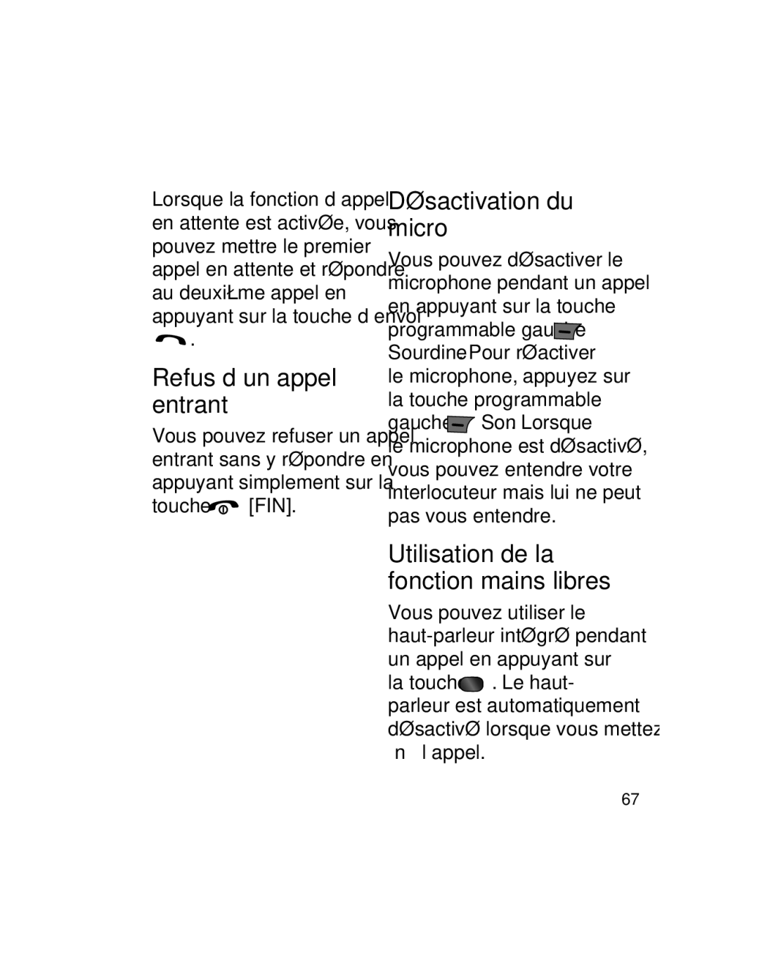 LG Electronics GU290V manual Refus d’un appel entrant, Désactivation du micro, Utilisation de la fonction mains libres 