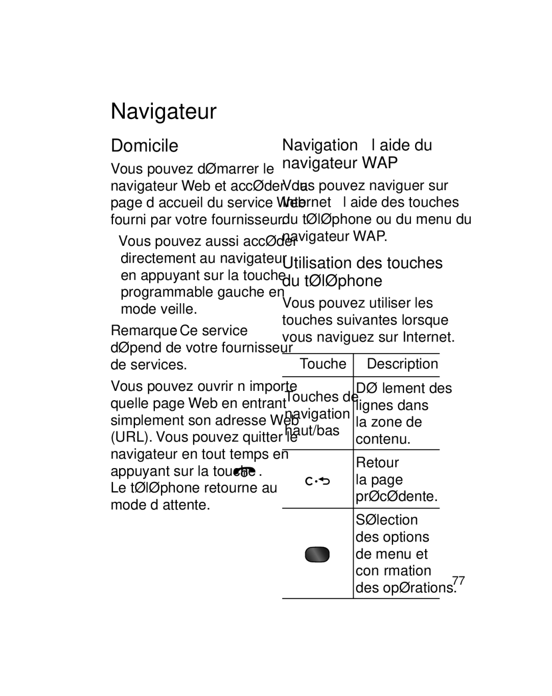 LG Electronics GU290V Navigateur, Domicile, Navigation à l’aide du navigateur WAP, Utilisation des touches du téléphone 