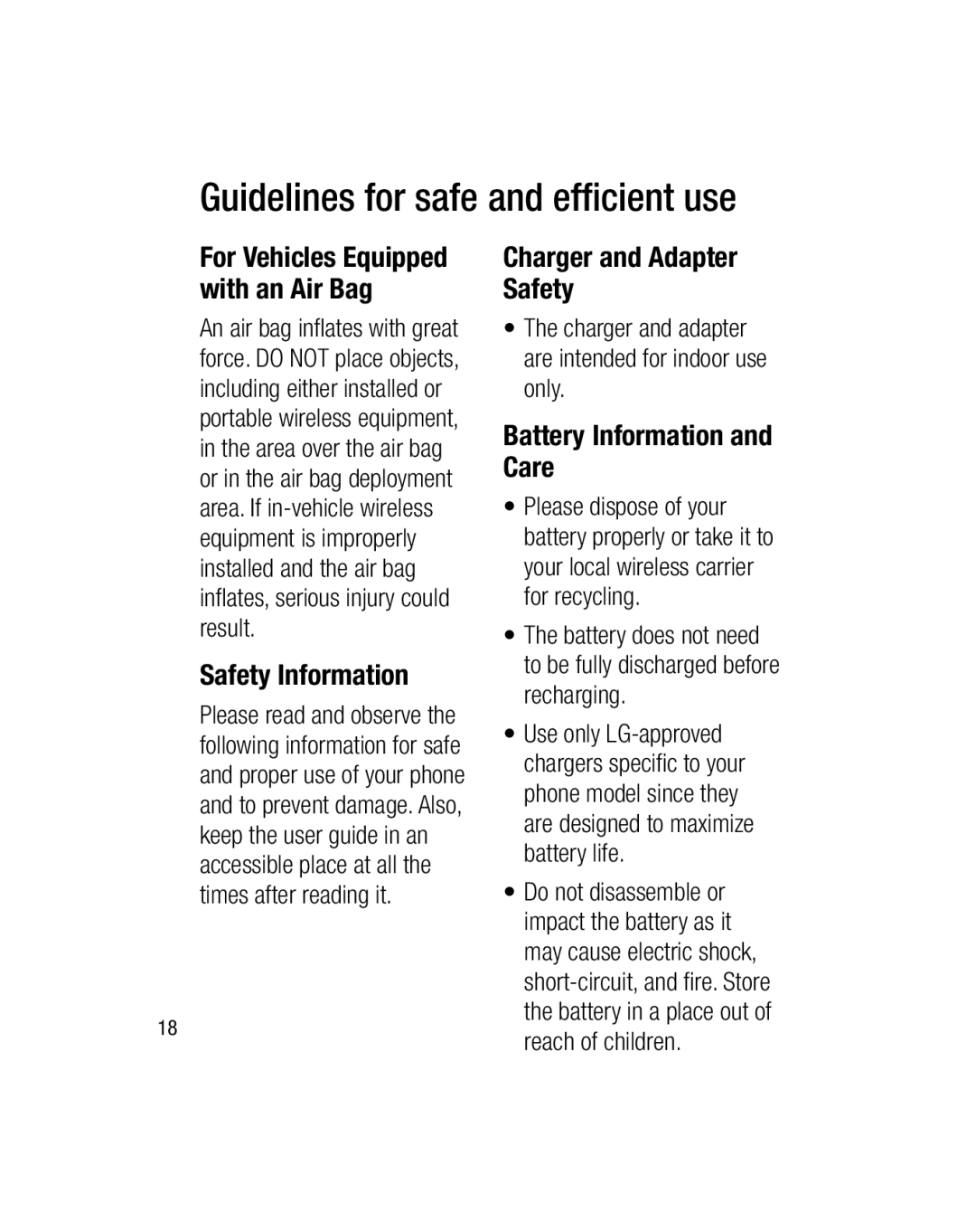 LG Electronics GU290V Charger and Adapter Safety, Battery Information and Care, For Vehicles Equipped with an Air Bag 