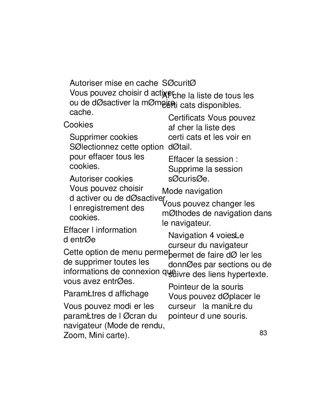 LG Electronics GU290V manual Effacer l’information d’entrée, Paramètres d’affichage, Sécurité, Mode navigation 