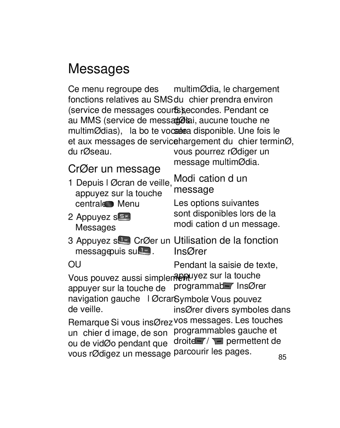 LG Electronics GU290V manual Messages, Créer un message, Modiﬁcation d’un message, Utilisation de la fonction Insérer 