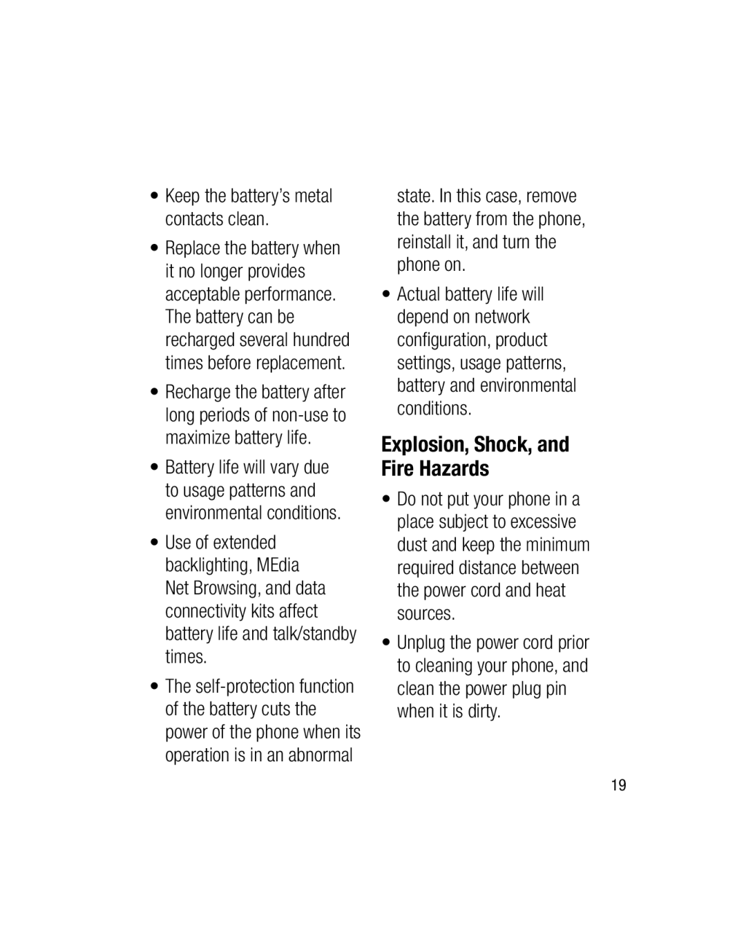 LG Electronics GU290V manual Explosion, Shock, and Fire Hazards, Keep the battery’s metal contacts clean 