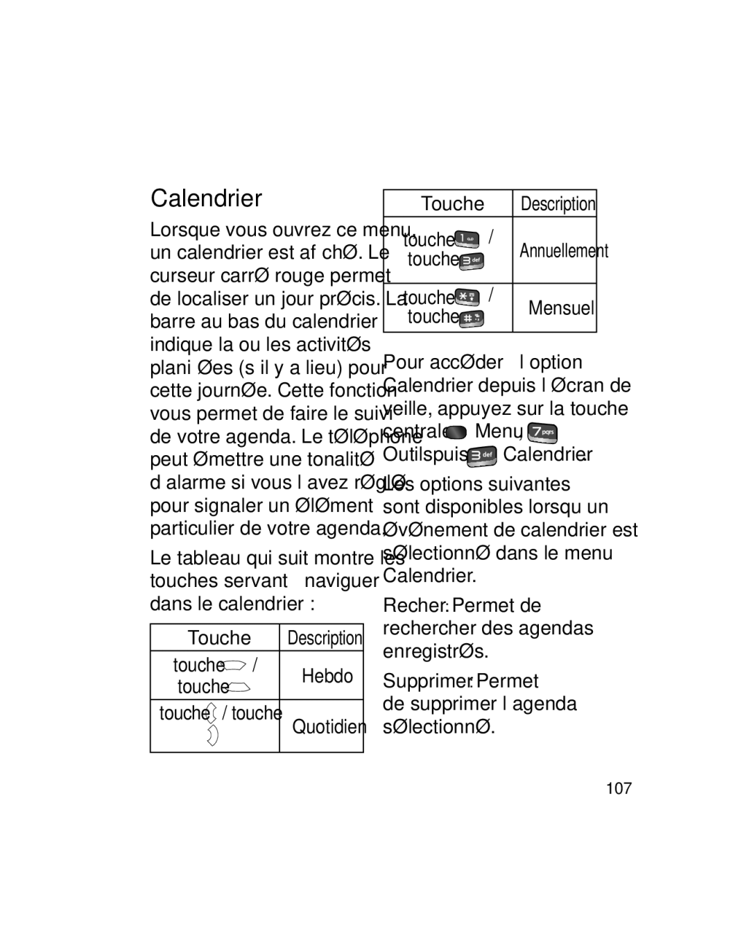 LG Electronics GU290V manual Outils puis Calendrier, Touche / touche 