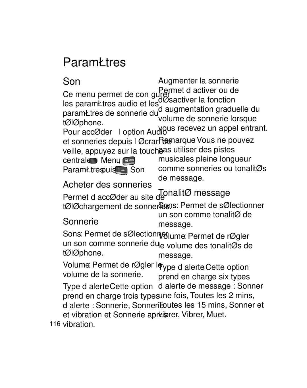 LG Electronics GU290V manual Paramètres, Acheter des sonneries, Sonnerie, Tonalité message 