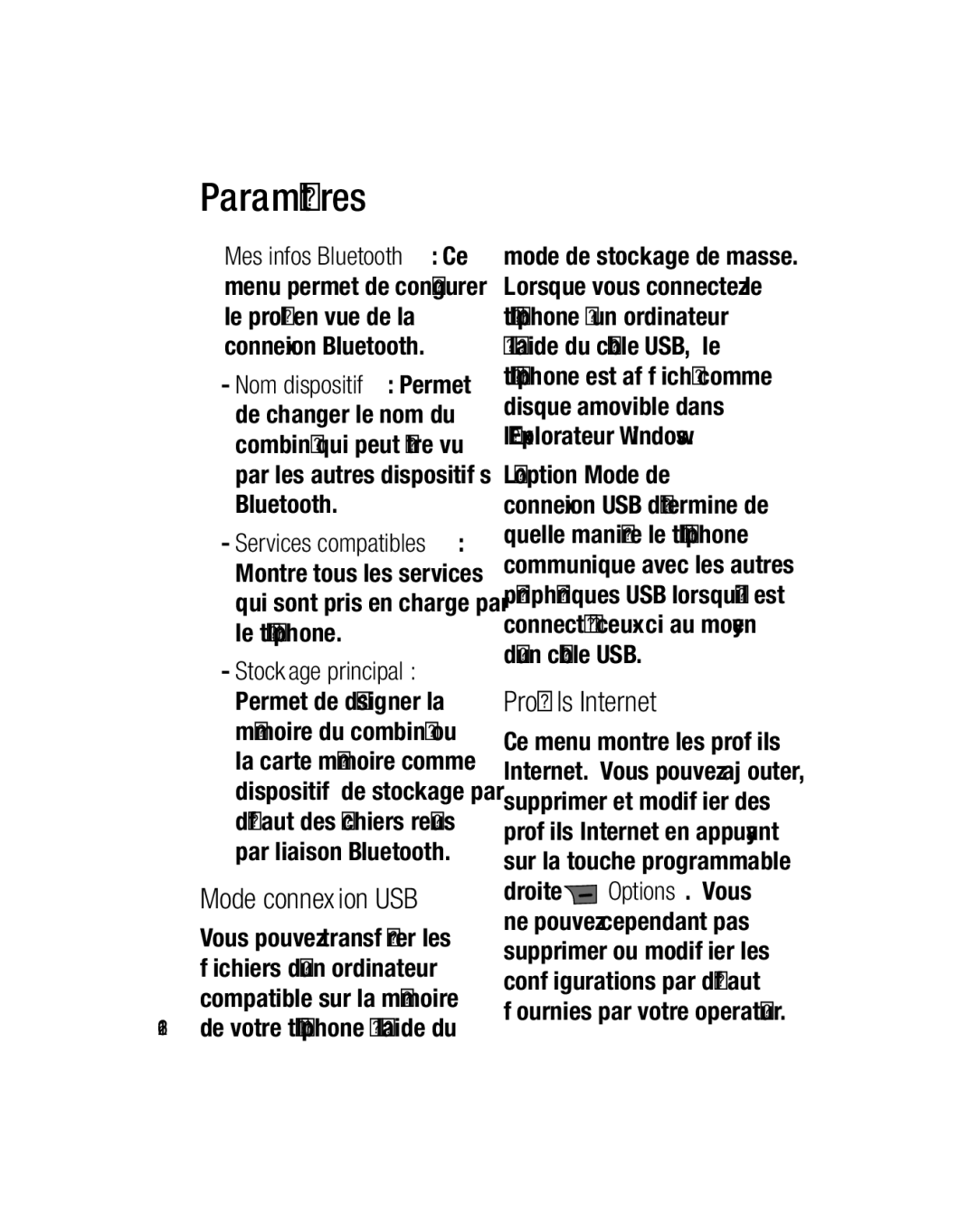 LG Electronics GU290V manual Mode connexion USB, Proﬁls Internet, ’option Mode de, De votre téléphone à l’aide du 