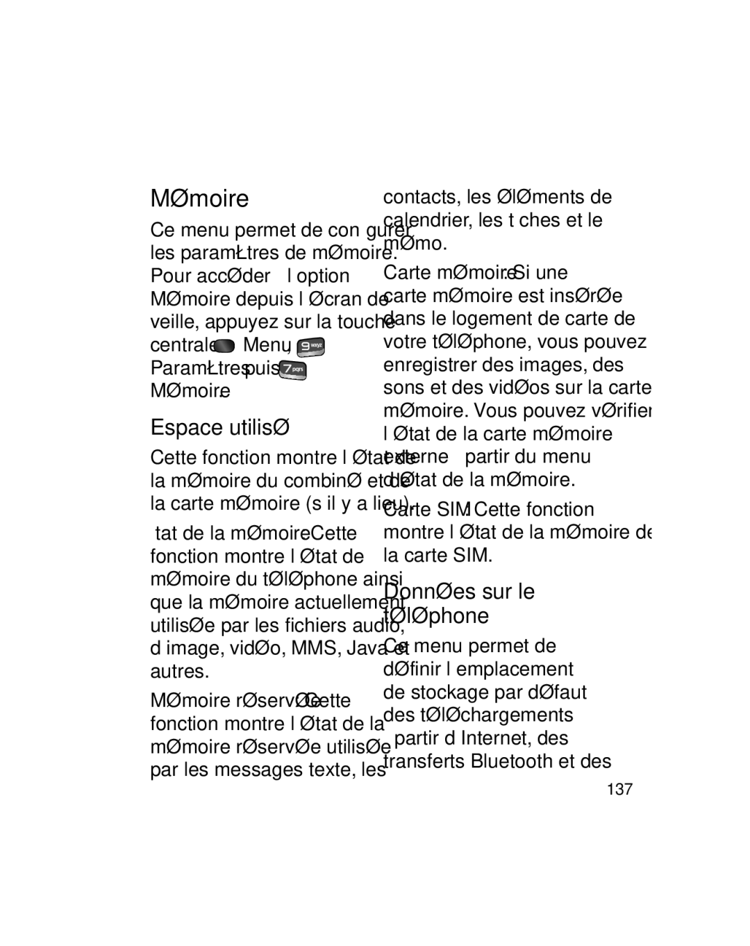 LG Electronics GU290V manual Espace utilisé, Données sur le téléphone, Centrale Menu, Paramètres puis Mémoire 