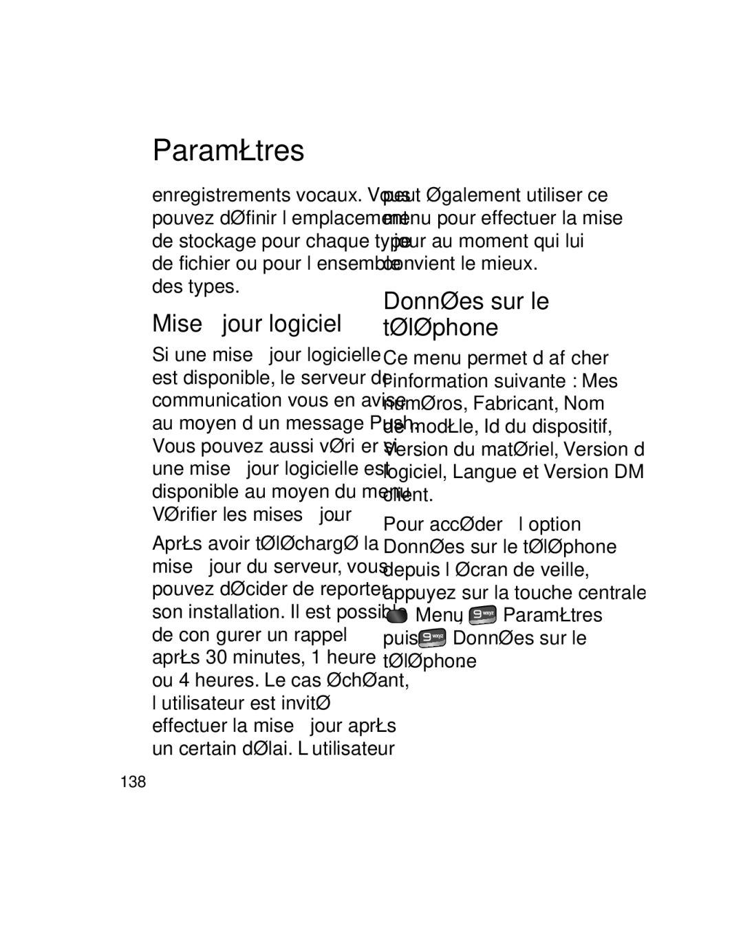 LG Electronics GU290V manual Mise à jour logiciel, Données sur le téléphone, Jour au moment qui lui convient le mieux 