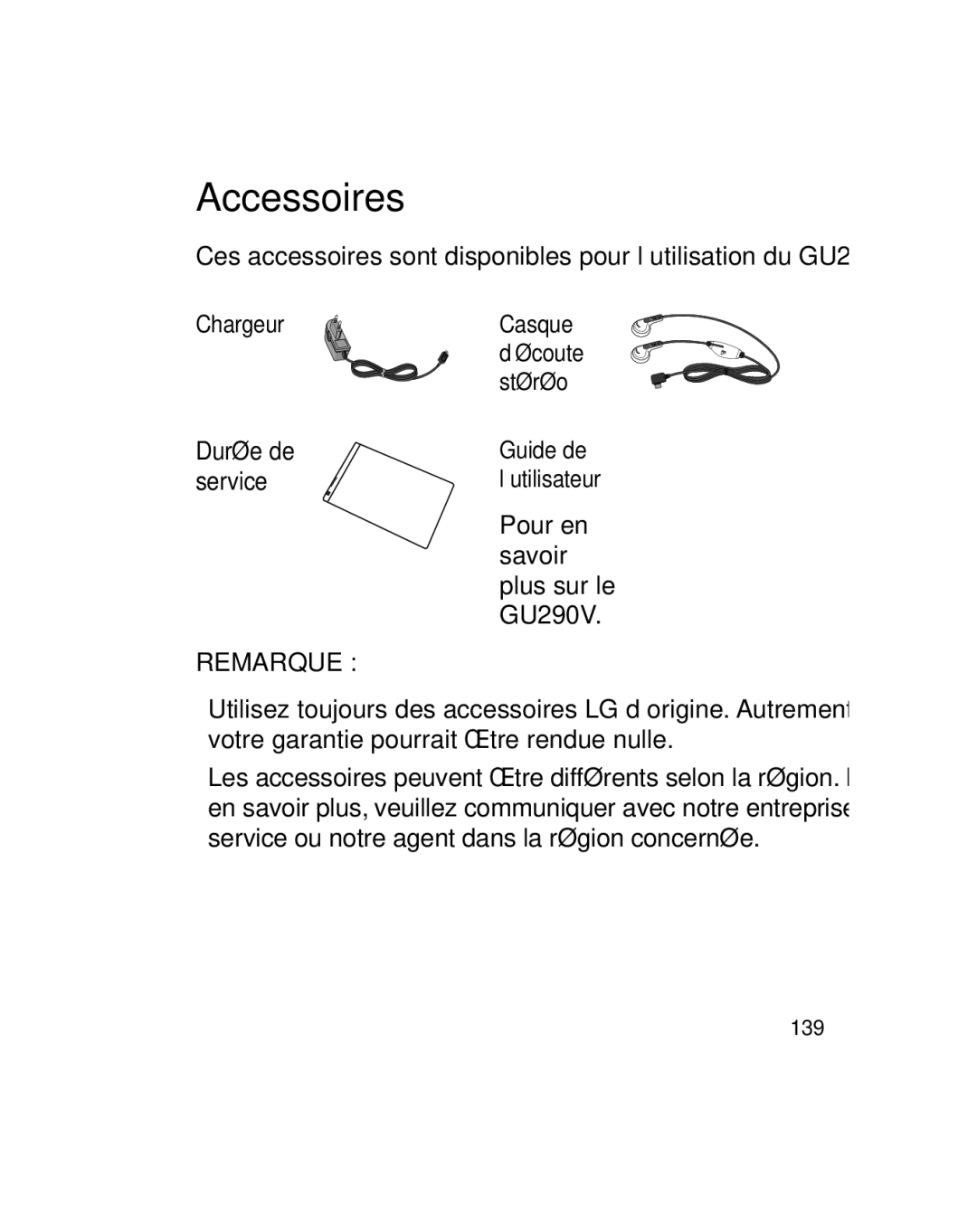 LG Electronics GU290V manual Accessoires, Chargeur 