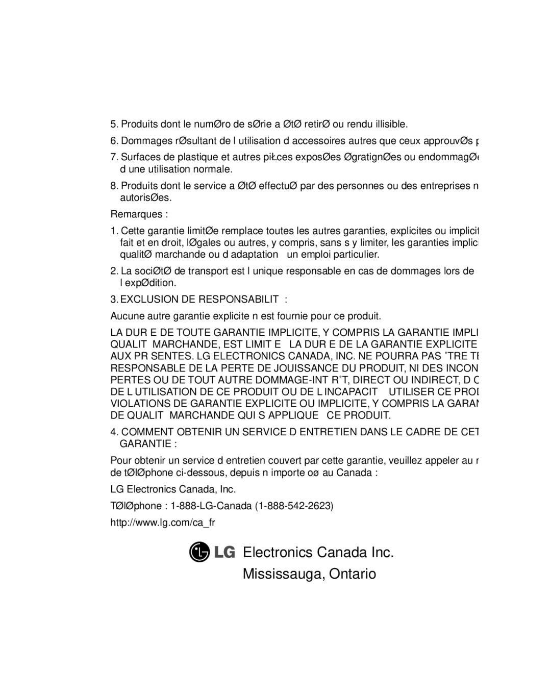 LG Electronics GU290V manual Exclusion DE Responsabilité 