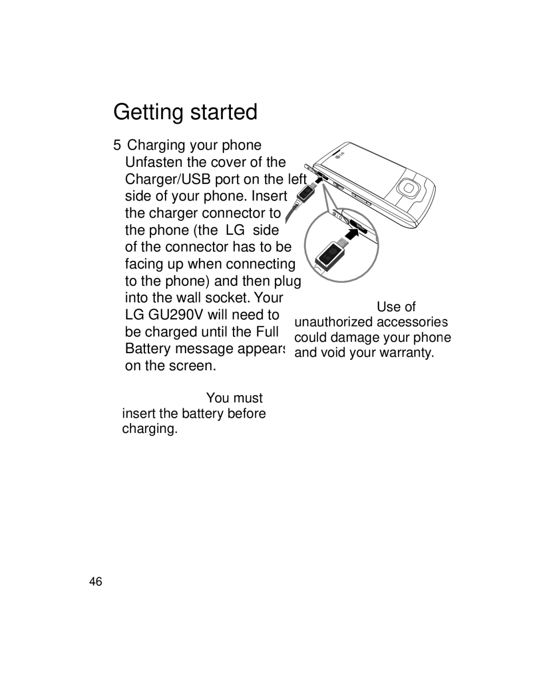 LG Electronics GU290V manual Important! You must insert the battery before charging 