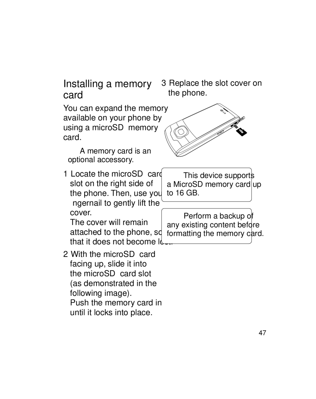 LG Electronics GU290V manual Installing a memory card, Replace the slot cover on the phone 