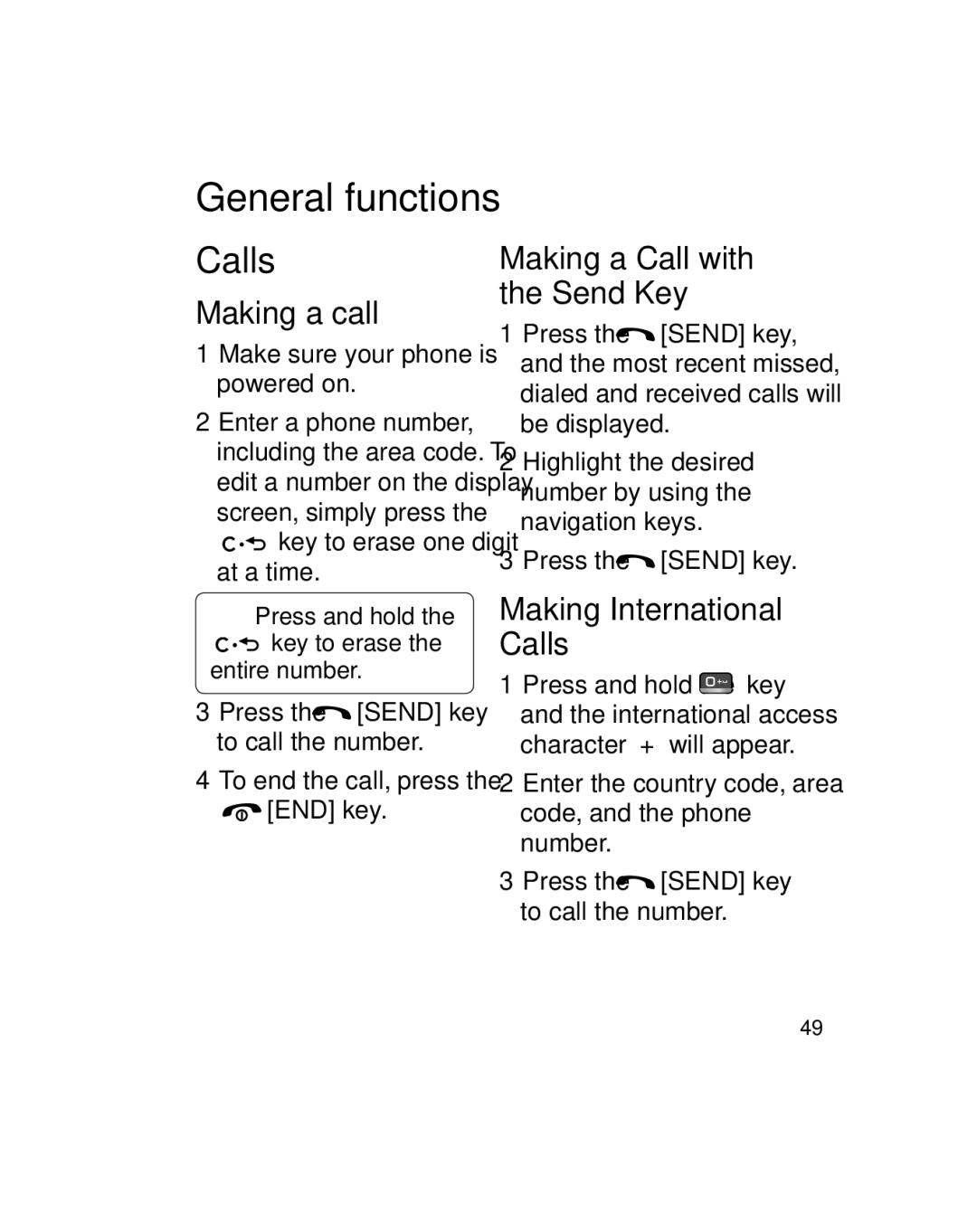 LG Electronics GU290V manual General functions, Making a call, Making International Calls, Making a Call with the Send Key 