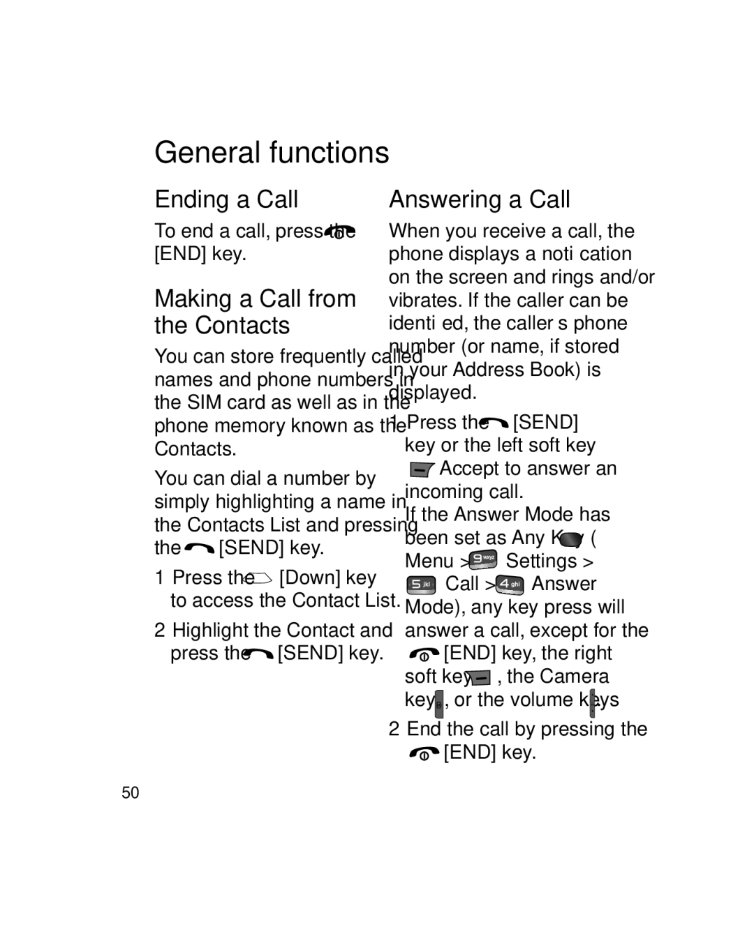 LG Electronics GU290V manual Ending a Call, Answering a Call, Making a Call from the Contacts 