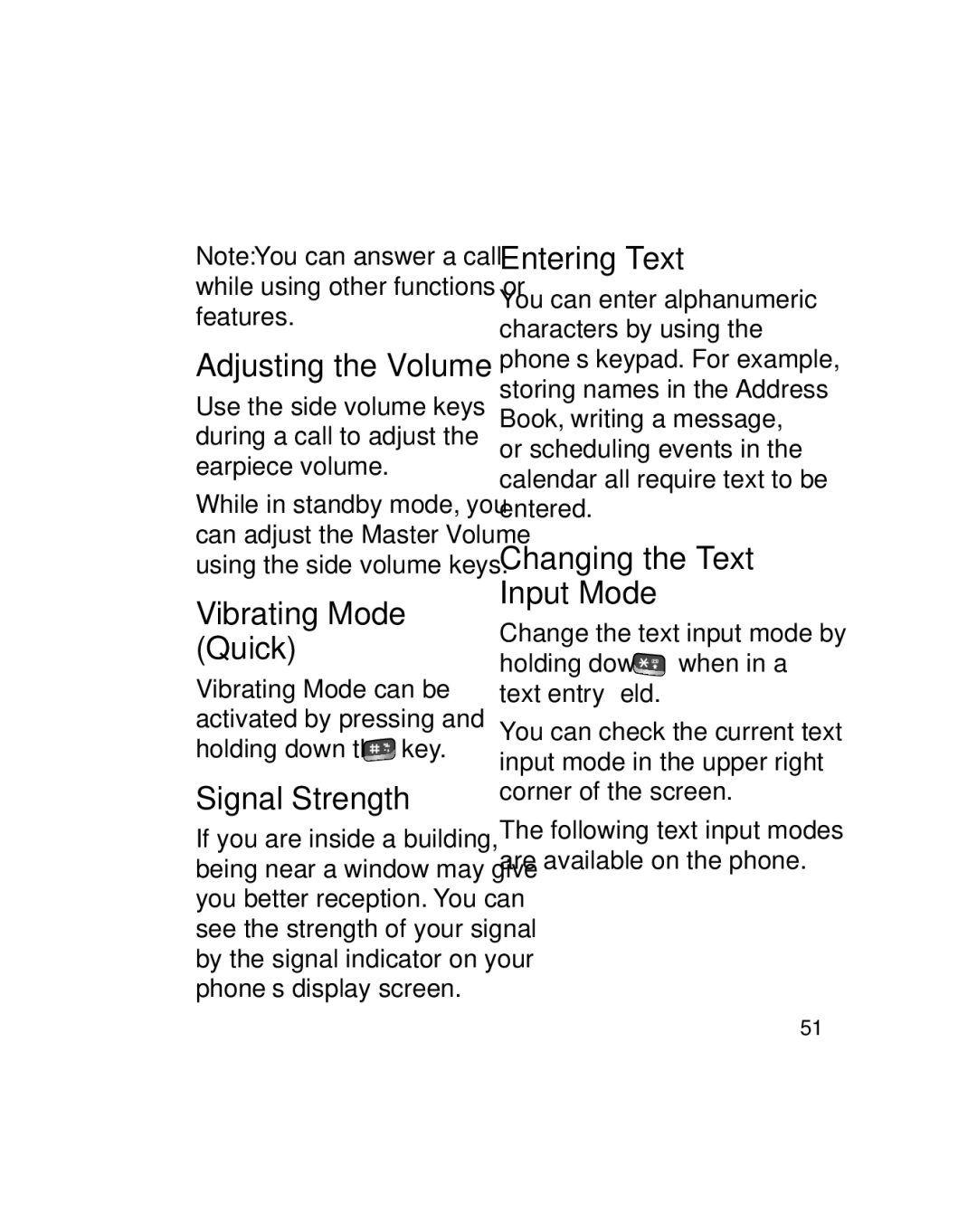 LG Electronics GU290V manual Adjusting the Volume, Vibrating Mode Quick, Signal Strength, Entering Text 