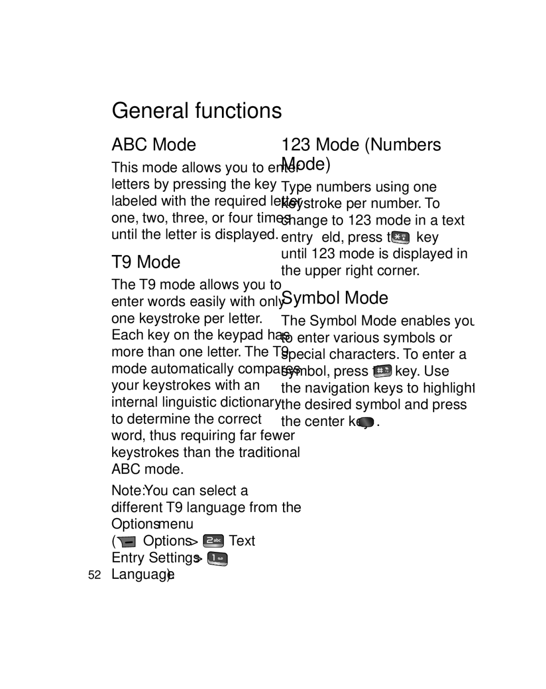 LG Electronics GU290V manual ABC Mode, T9 Mode, Mode Numbers Mode, Symbol Mode, Language 