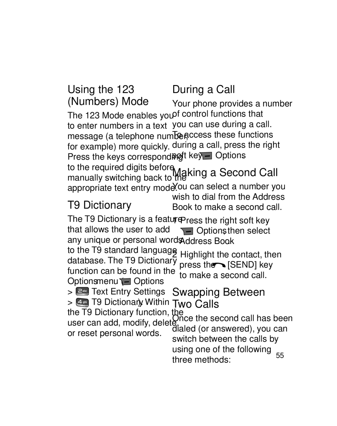 LG Electronics GU290V manual T9 Dictionary, During a Call, Making a Second Call, Swapping Between Two Calls 