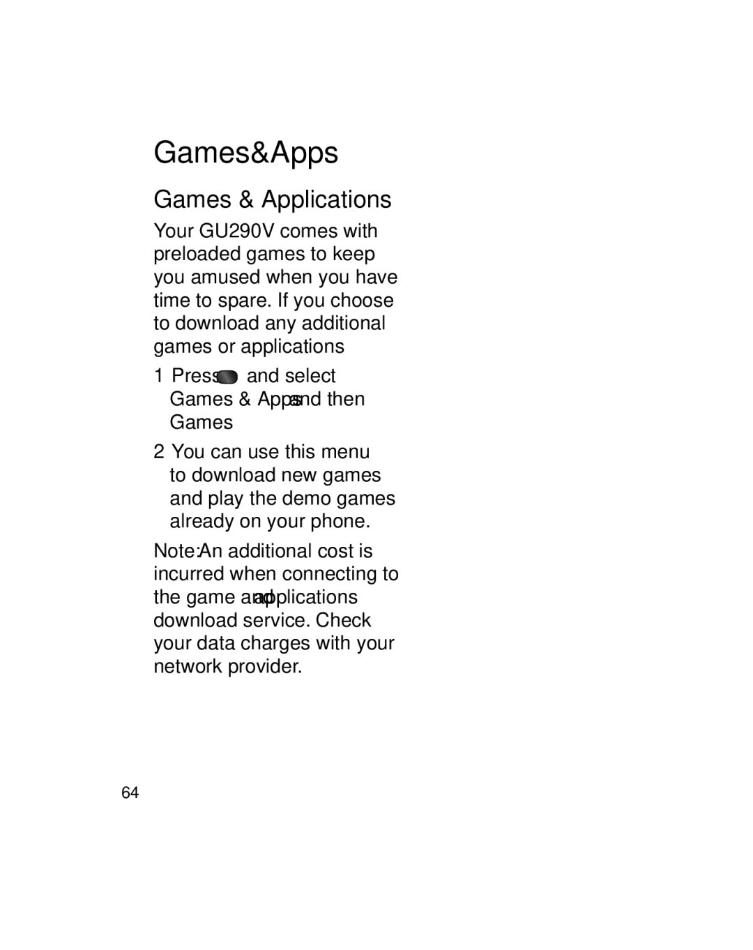 LG Electronics GU290V manual Games&Apps, Games & Applications, Press and select Games & Apps and then Games 