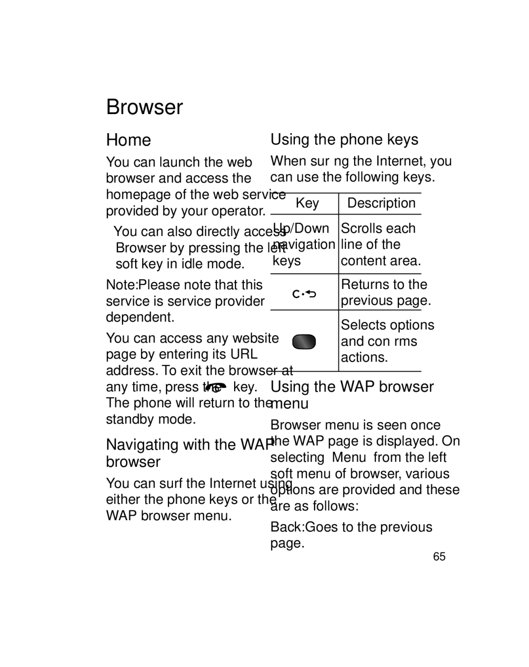 LG Electronics GU290V Browser, Home, Navigating with the WAP browser, Using the phone keys, Using the WAP browser menu 