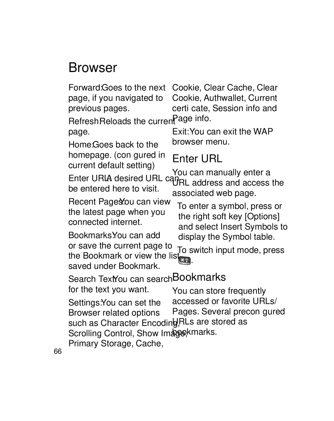 LG Electronics GU290V manual Enter URL, Bookmarks, Refresh Reloads the current, Exit You can exit the WAP browser menu 