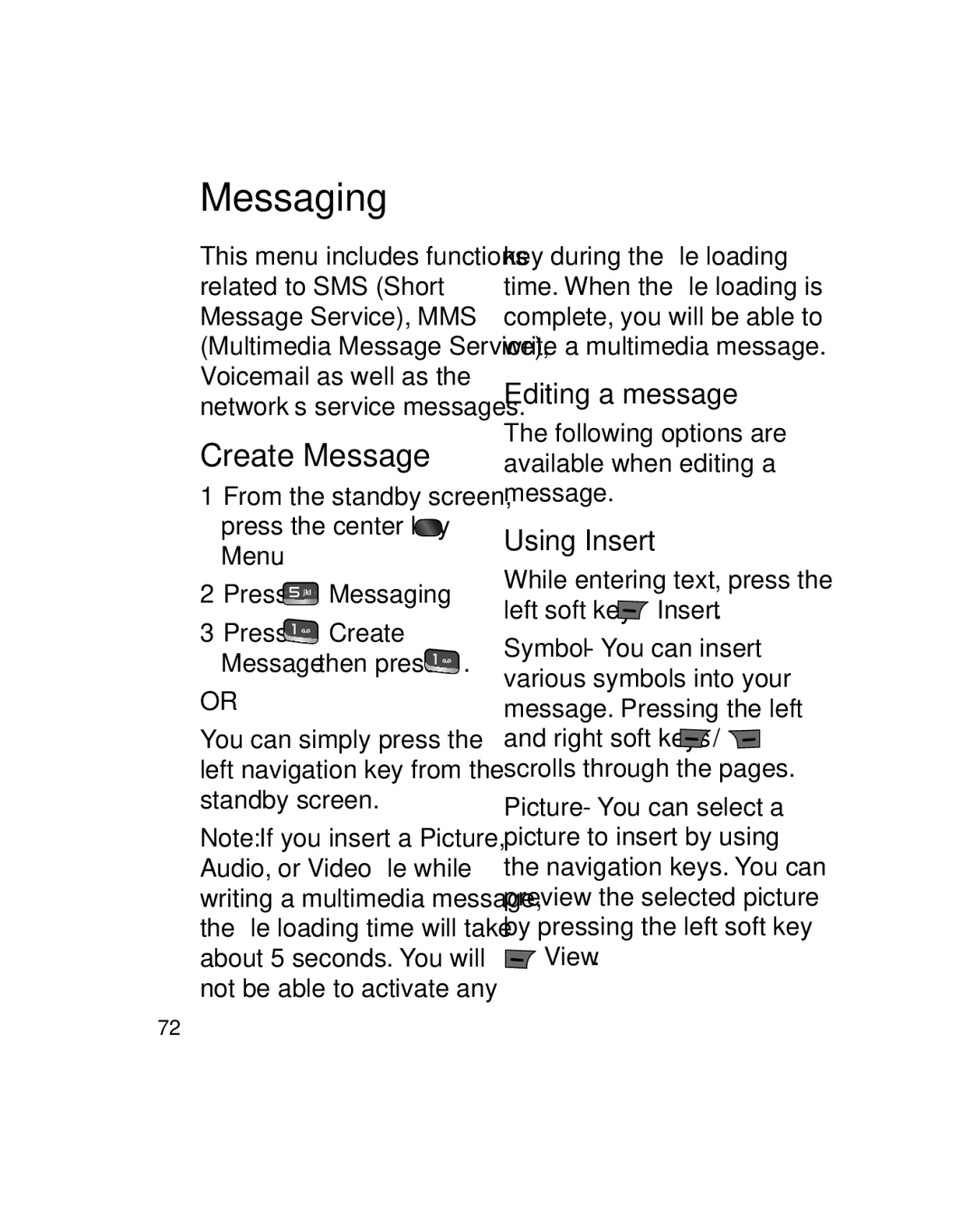 LG Electronics GU290V manual Messaging, Create Message, Editing a message, Using Insert 