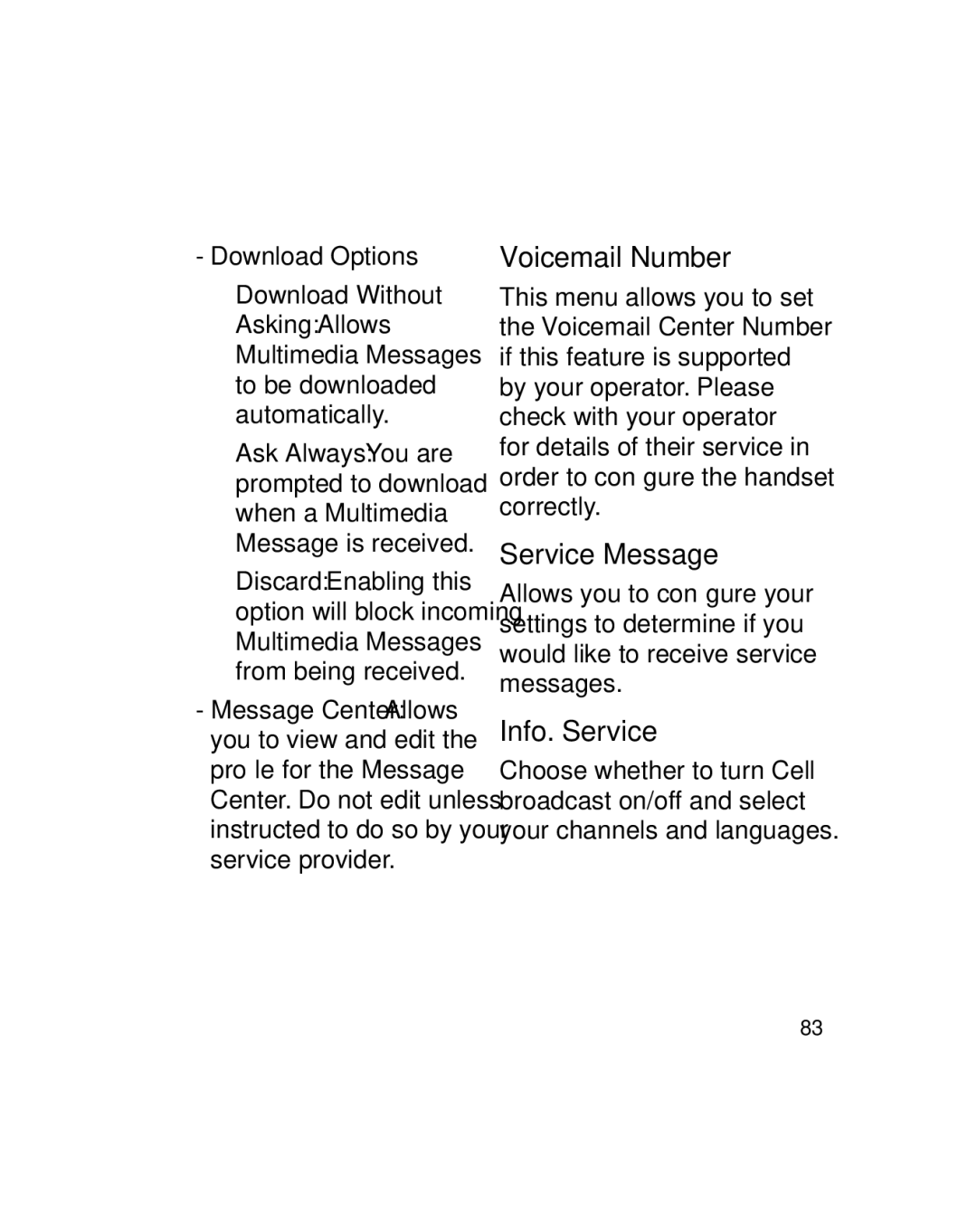 LG Electronics GU290V manual Voicemail Number, Service Message, Info. Service, Download Options 