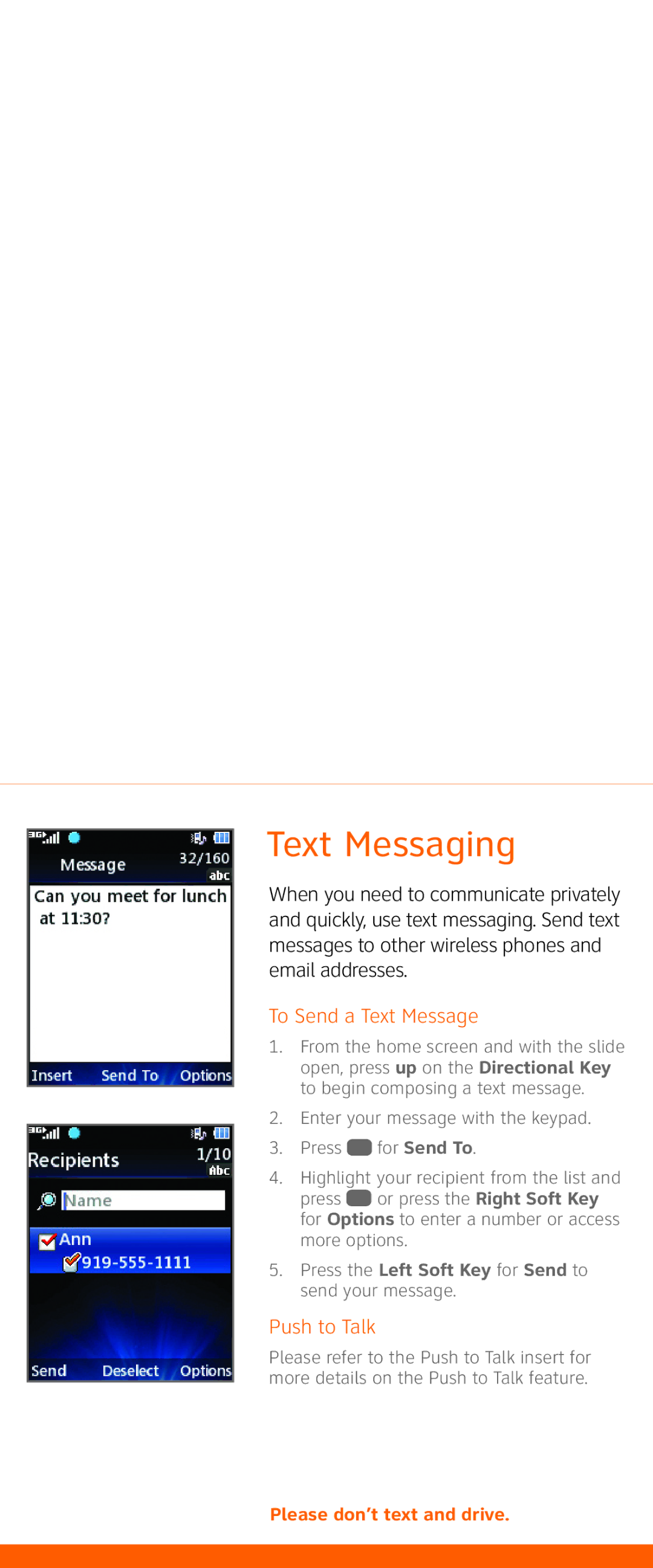 LG Electronics GU292 quick start Text Messaging, To Send a Text Message, Push to Talk 