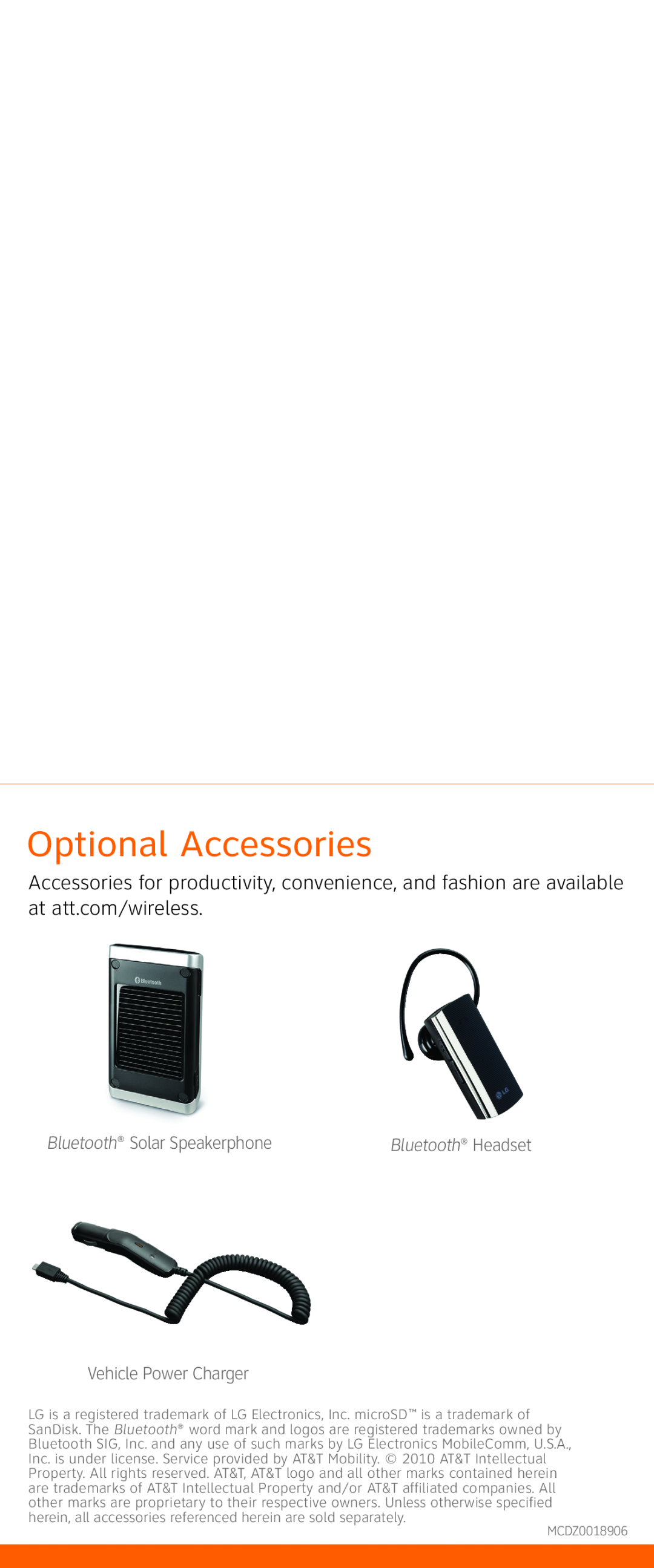 LG Electronics GU292 Optional Accessories, Bluetooth Solar Speakerphone, Vehicle Power Charger, Bluetooth Headset 