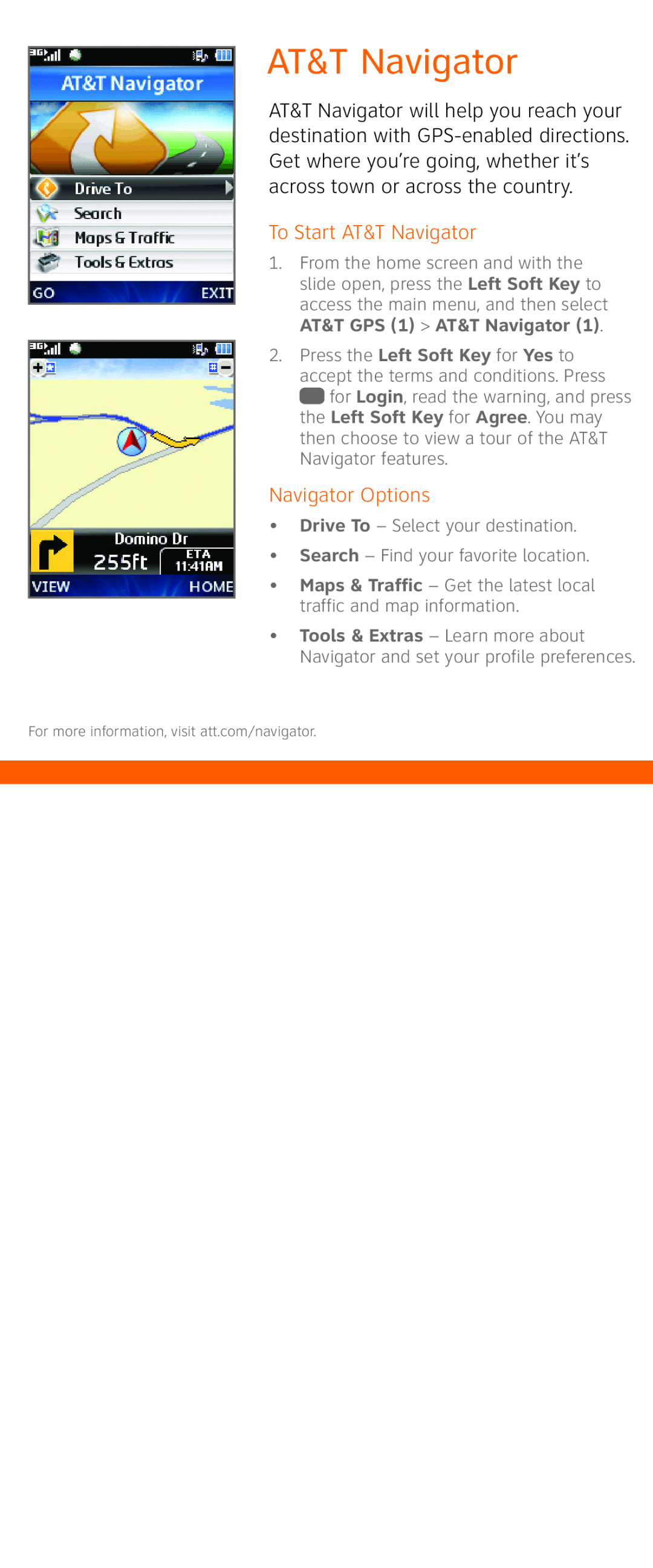 LG Electronics GU292 quick start To Start AT&T Navigator, Navigator Options, AT&T GPS 1 AT&T Navigator 